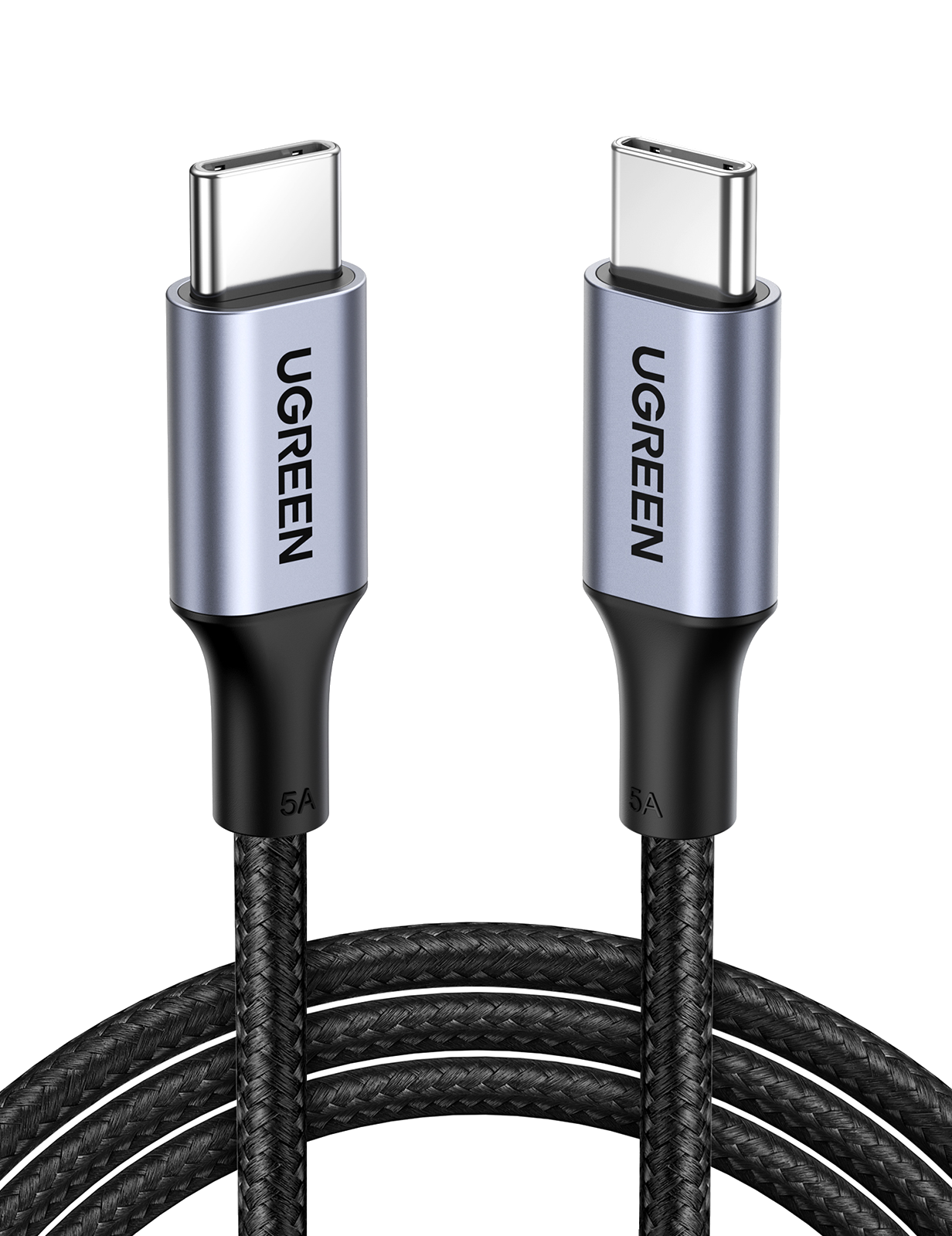 Gümüş başlıklı ve UGREEN markalı iki USB-C kablosu, siyah örgülü kablolar.