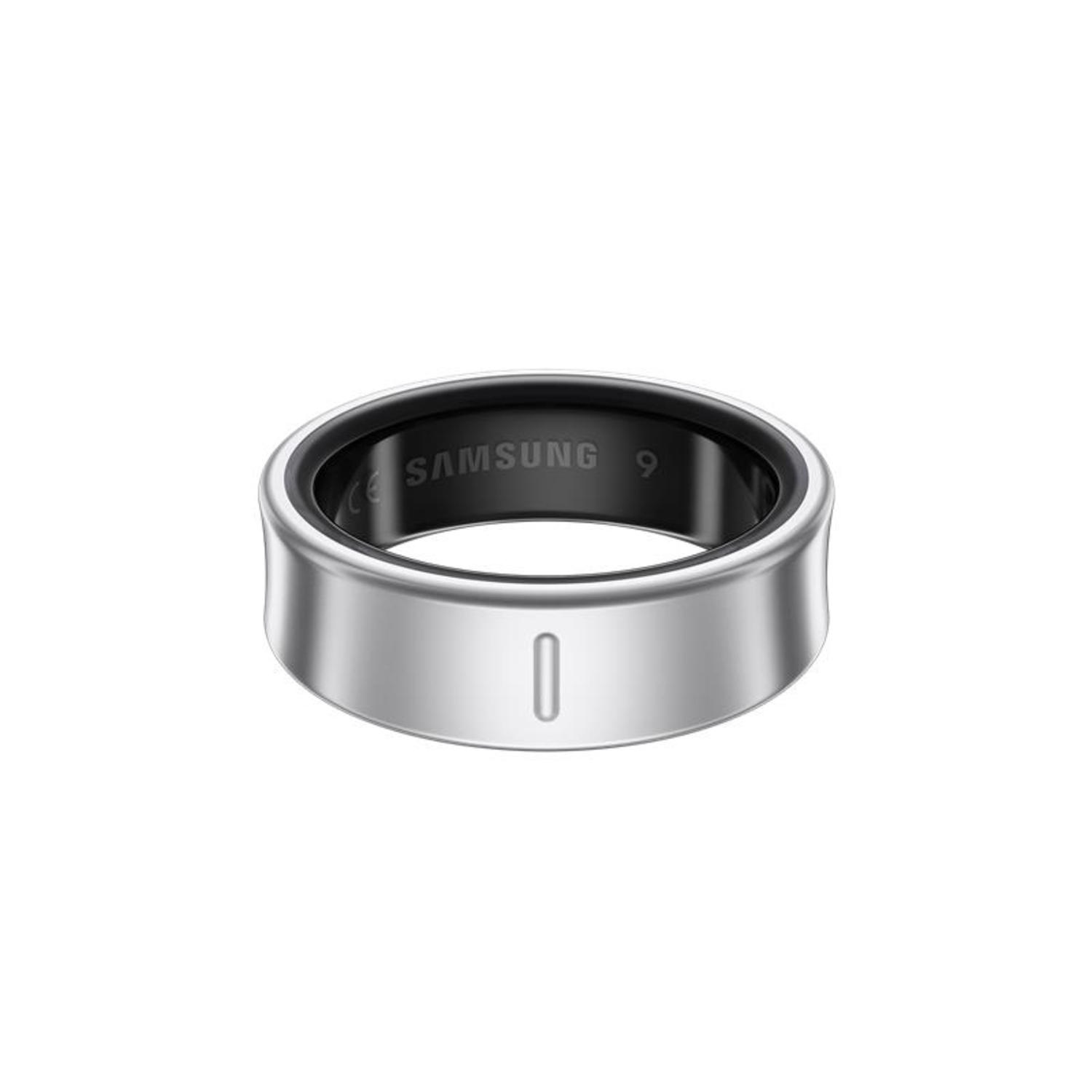 Silver smart ring with black interior, Samsung logo. Isolated on white background.