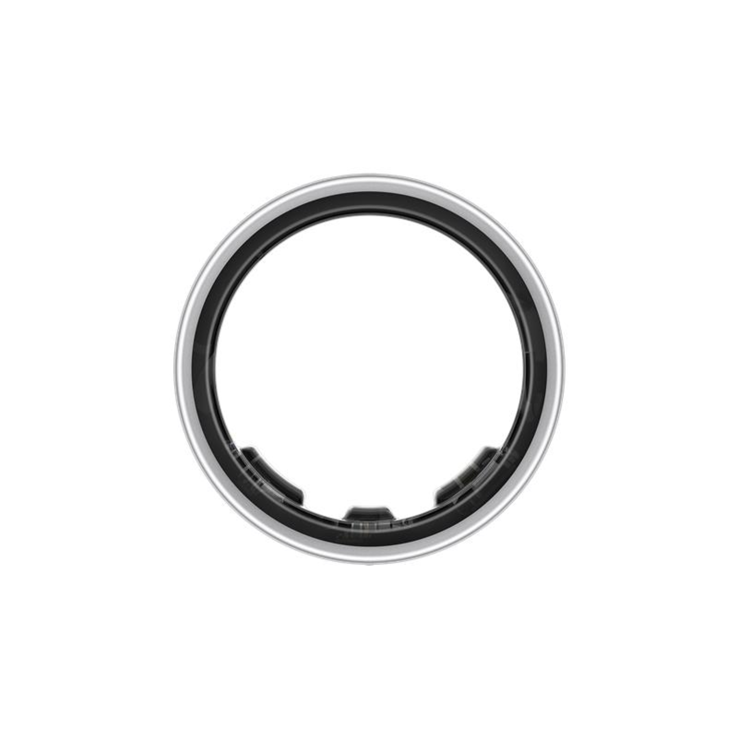 Top view of a black ring with a silver edge.