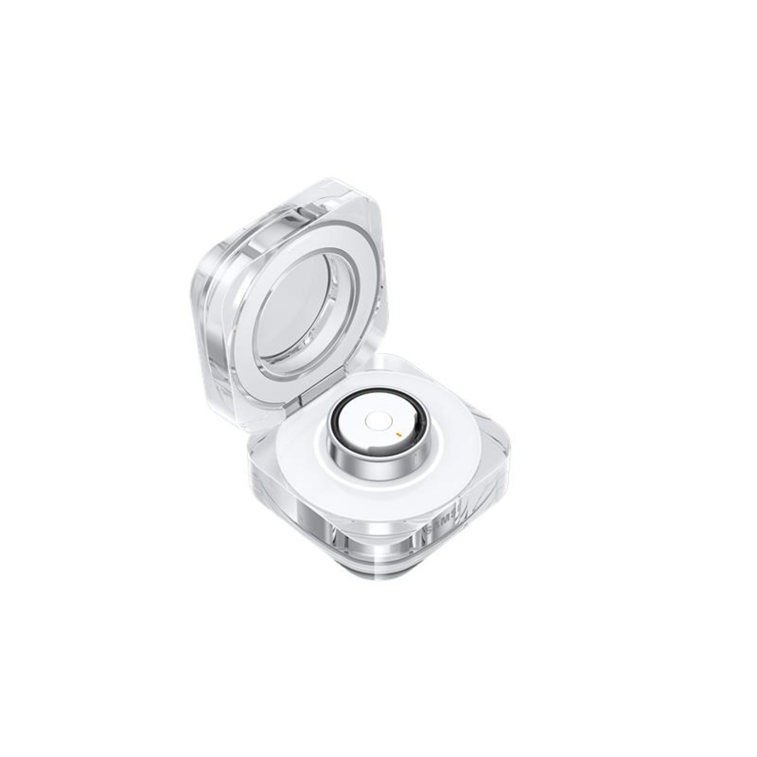 A small clear case with an opened lid, revealing a white, circular device inside.