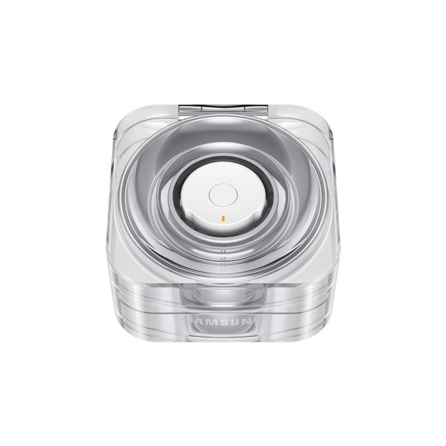 An open, transparent case with a white disc containing a gold-colored ring and a central white circle.