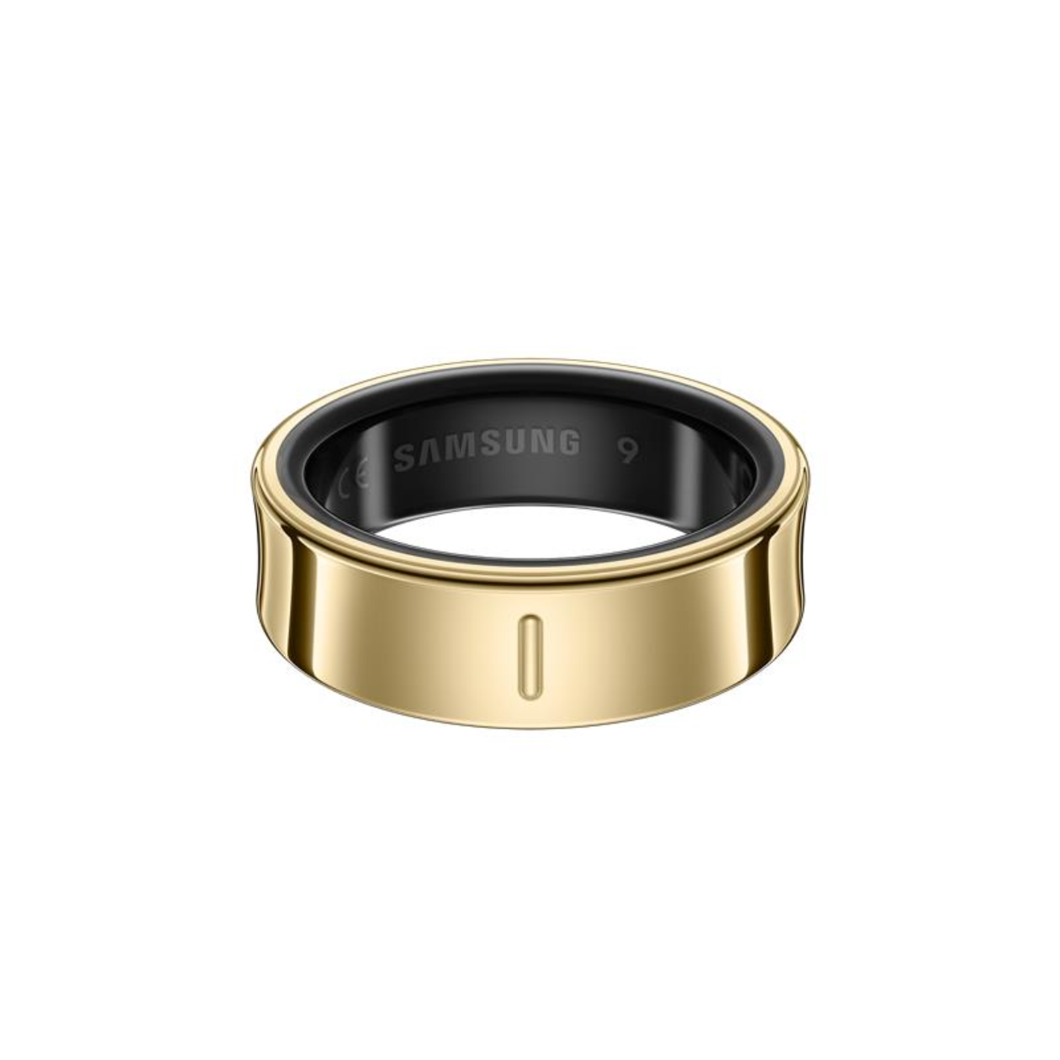 Golden smart ring with black inner ring and Samsung branding.