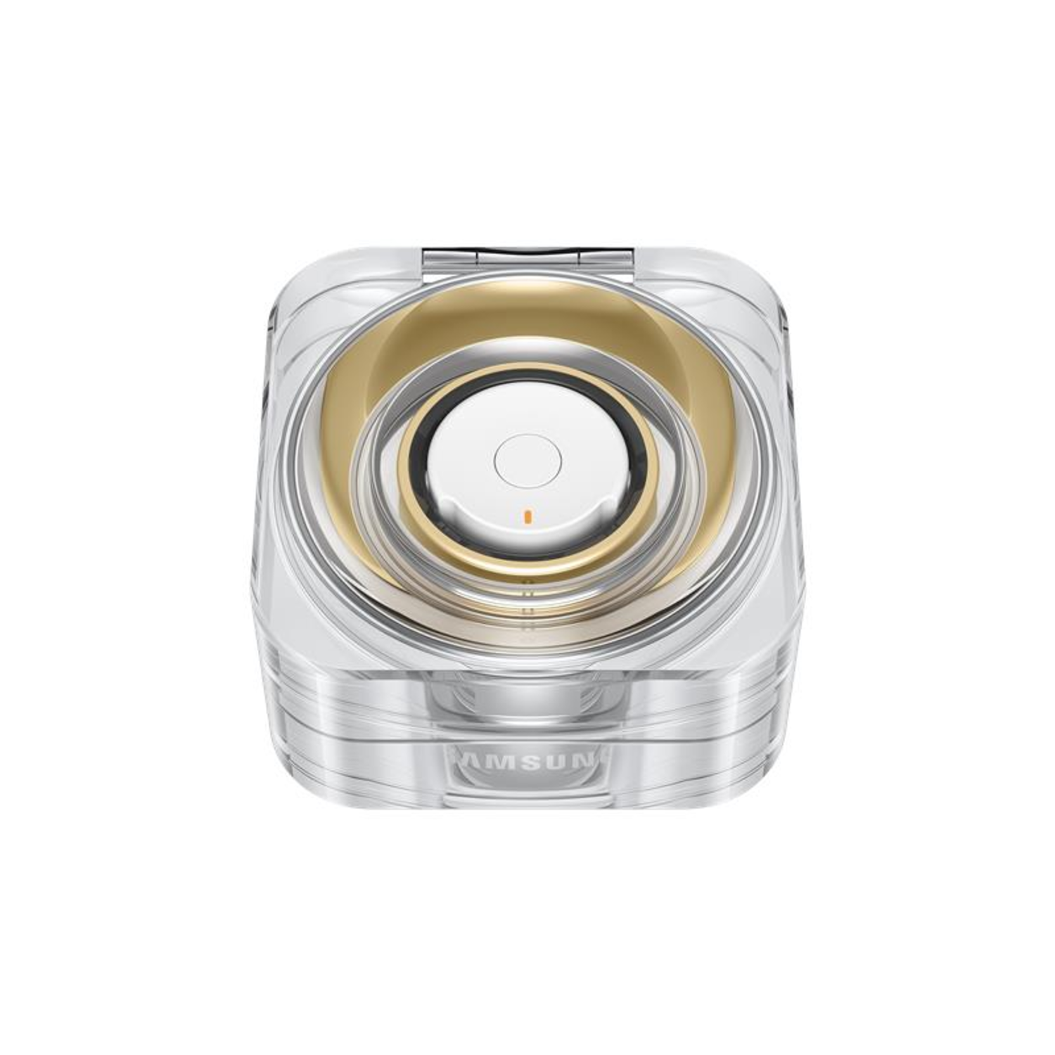 A small white and gold earbud inside a transparent case against a white background.
