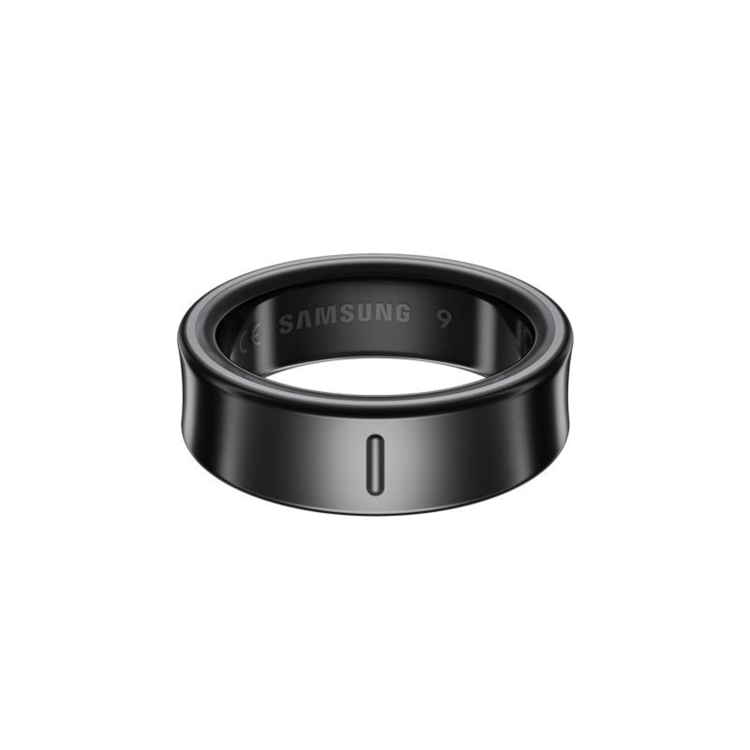 Black ring with 'SAMSUNG 9' engraved, close up view.