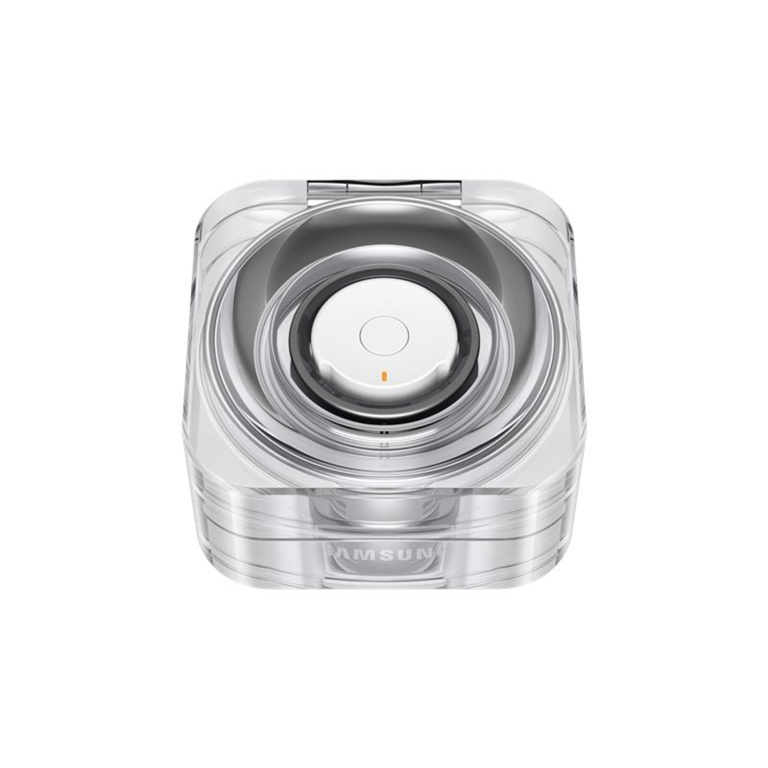 Clear, cylindrical, transparent device with a white interior and a central orange light.