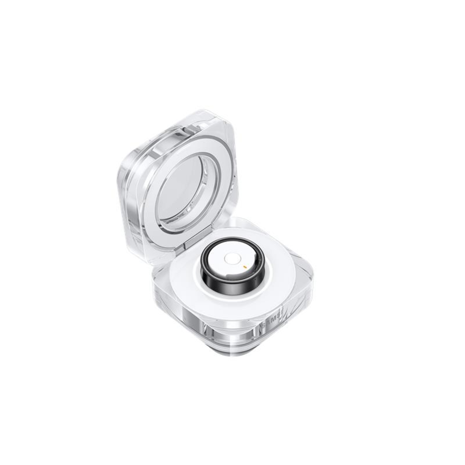 Clear, transparent case with a black and white circular device inside. Open lid.