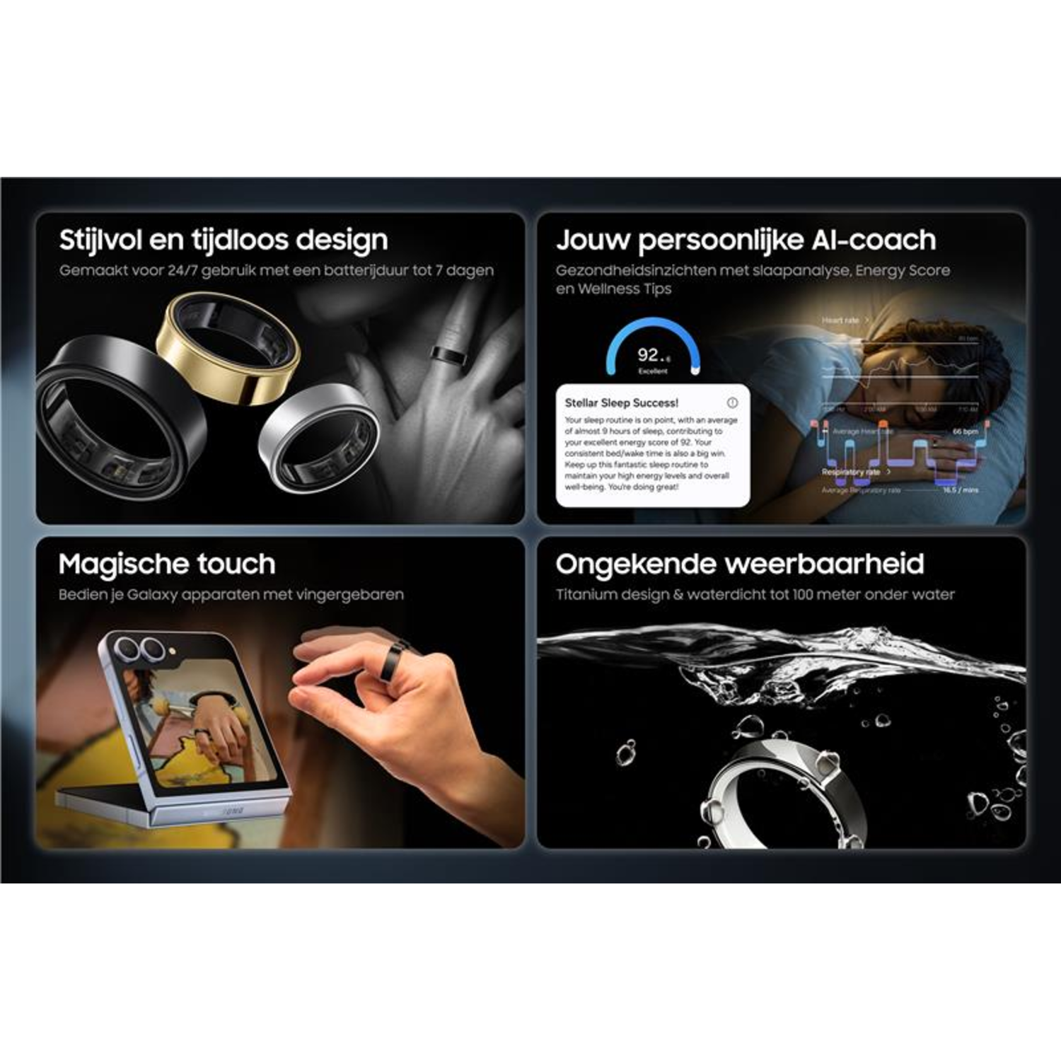 Image shows smart rings in black, gold, and silver. Info-graphics describe sleep and health features.