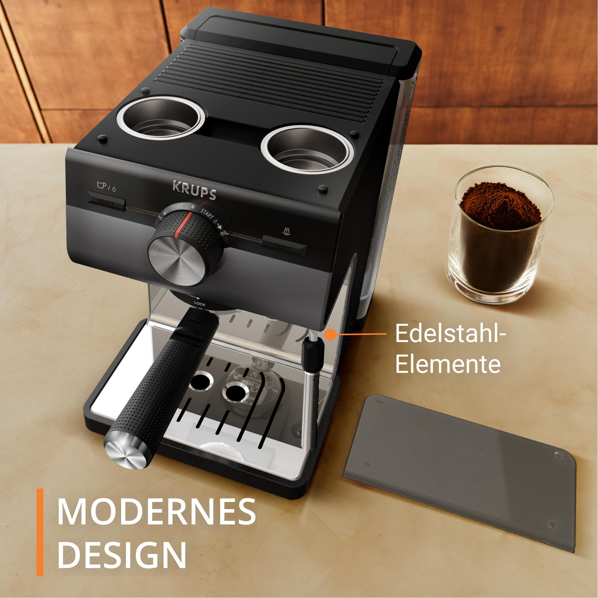 Espressomaschine auf einem Tisch. Schwarz-graues Design mit Kaffeepulverglas.