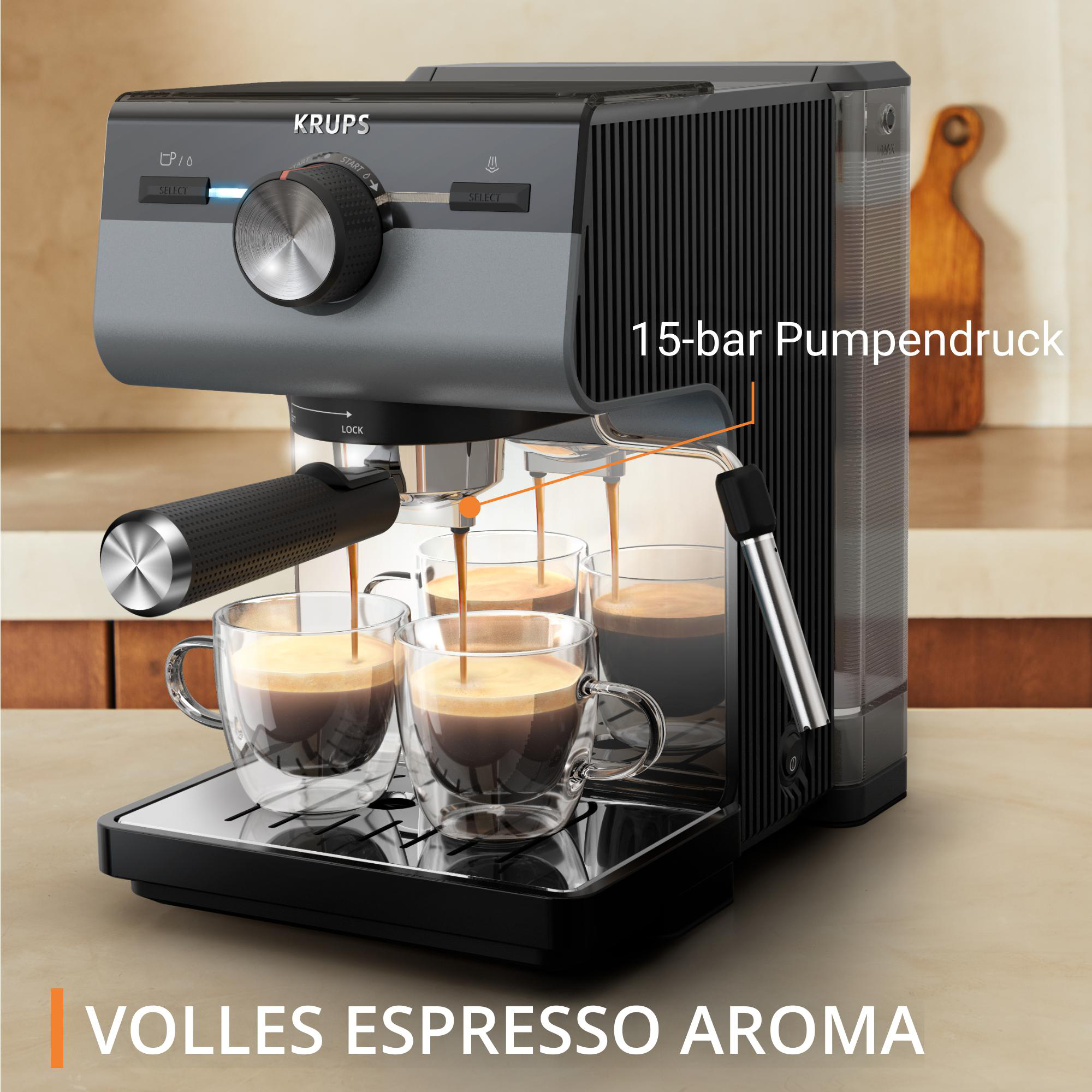 Eine Krups Espressomaschine mit Kaffee, der in Gläser gegossen wird. Text lautet 'Espresso-Aroma'.