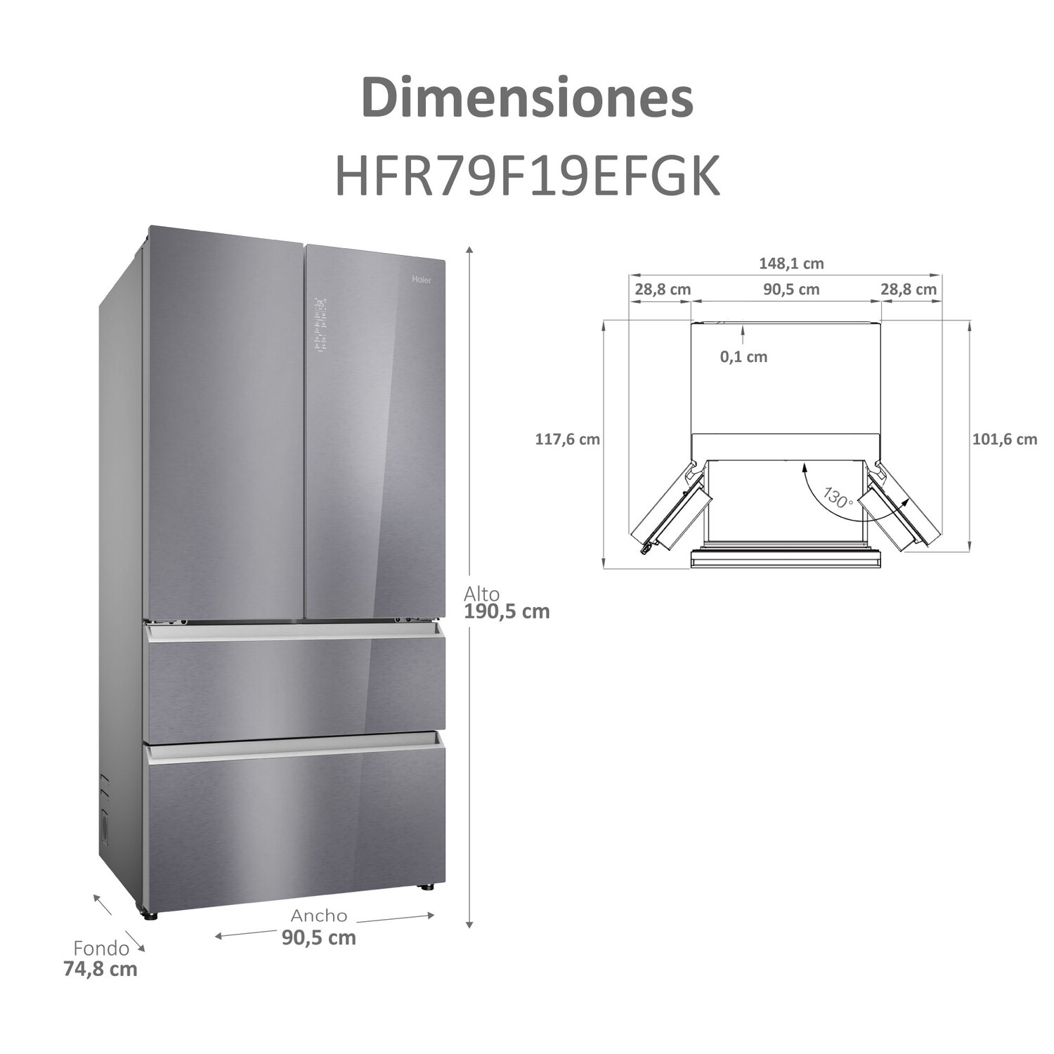 Un gran refrigerador plateado con dimensiones. Tiene tres puertas y dos cajones.