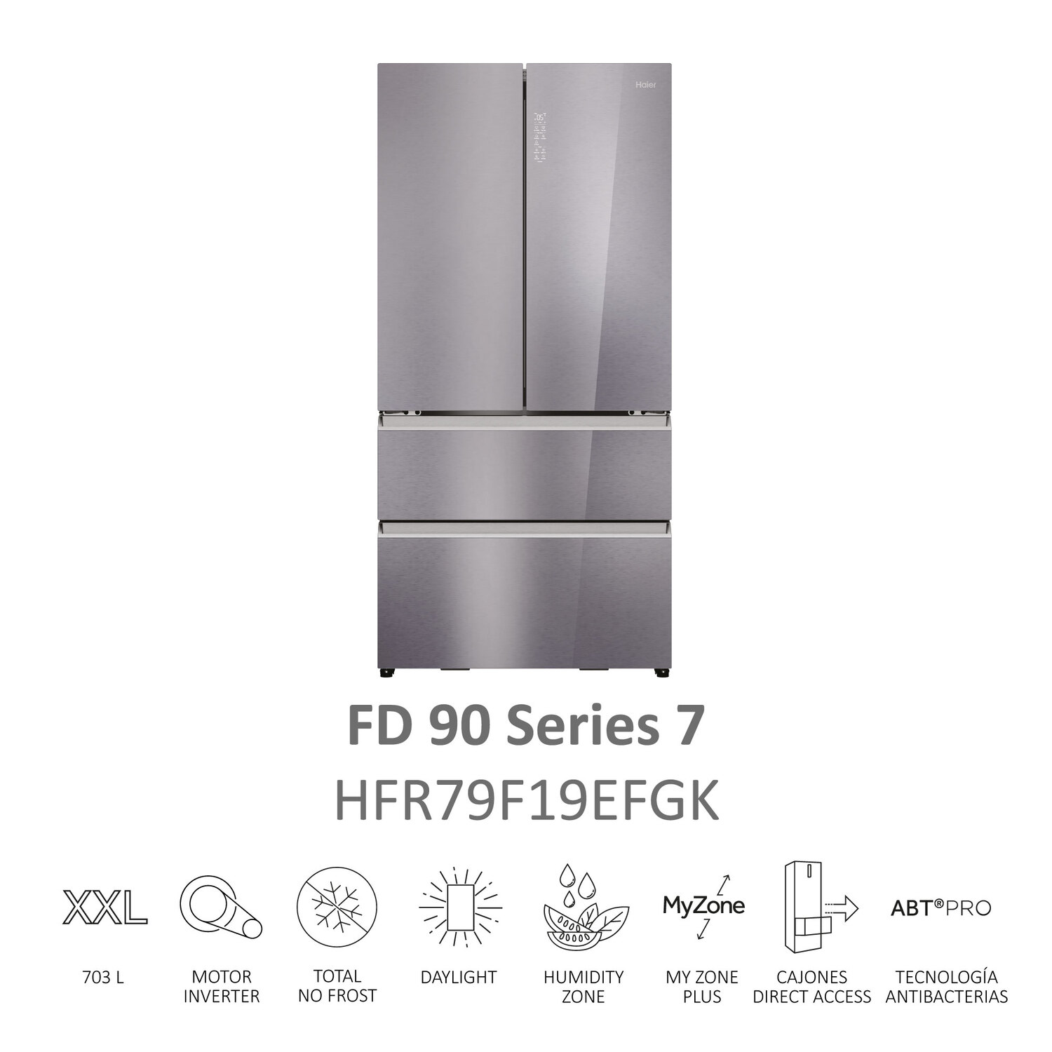 Un refrigerador Haier de acero inoxidable con cuatro puertas. Tiene texto en la parte frontal que indica características e información del modelo.