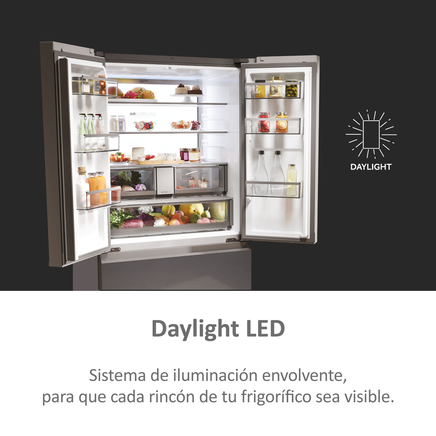 Un refrigerador con puertas abiertas e interior iluminado, con texto sobre iluminación LED.