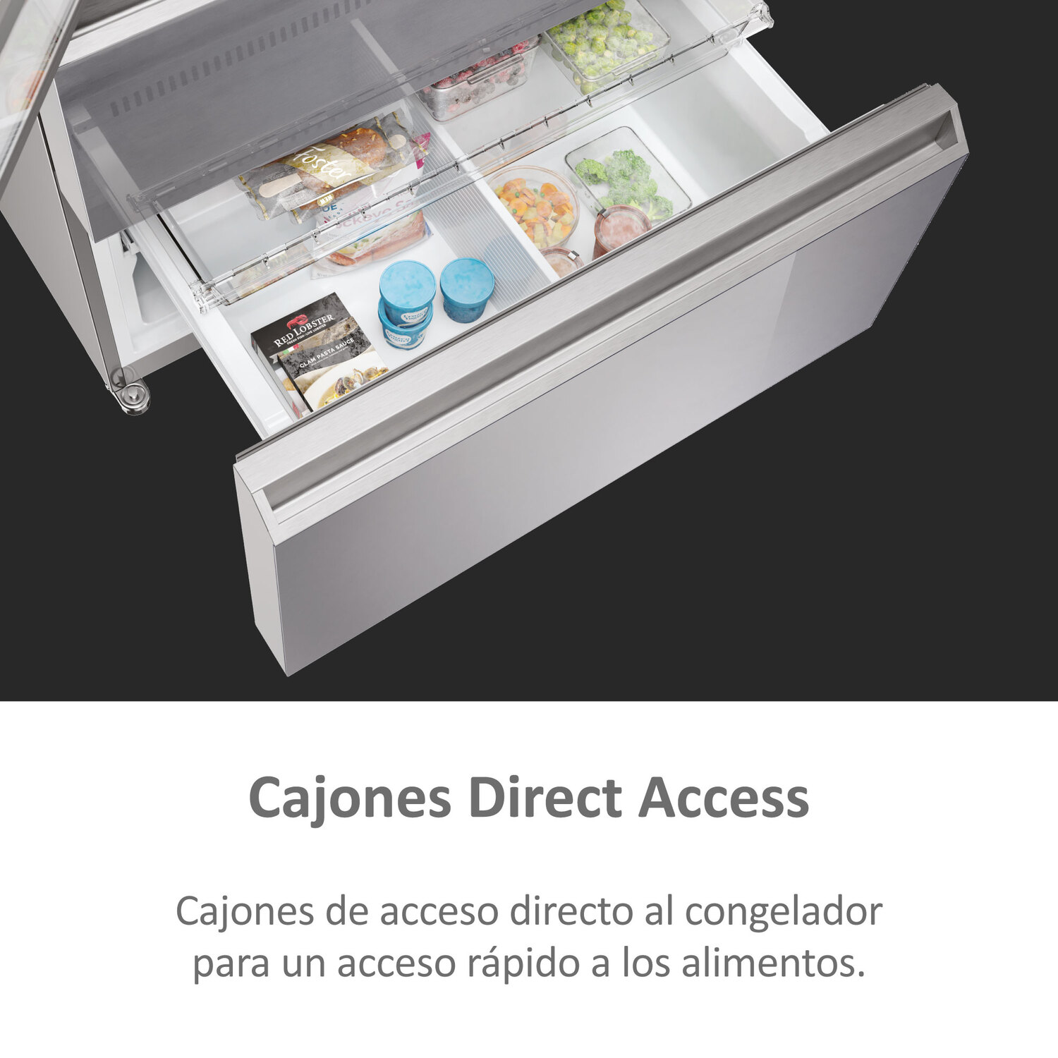 Cajón de refrigerador con alimentos congelados. Exterior plateado, fondo oscuro. Los alimentos son visibles dentro del cajón.