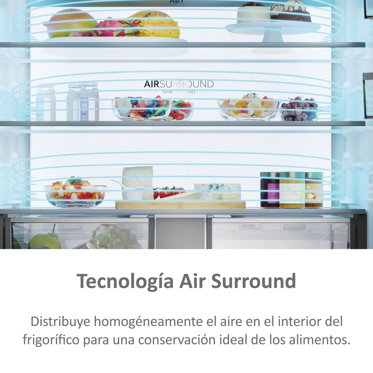 Interior de un refrigerador con estantes de frutas y postres. El texto dice 'Air Surround'.