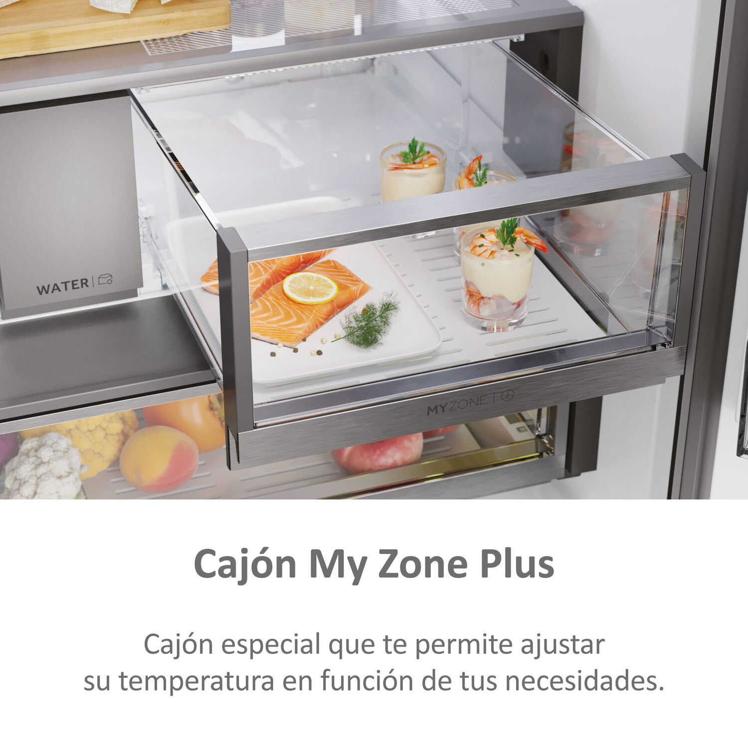 Un cajón de refrigerador con comida dentro. Se ven salmón y camarones.