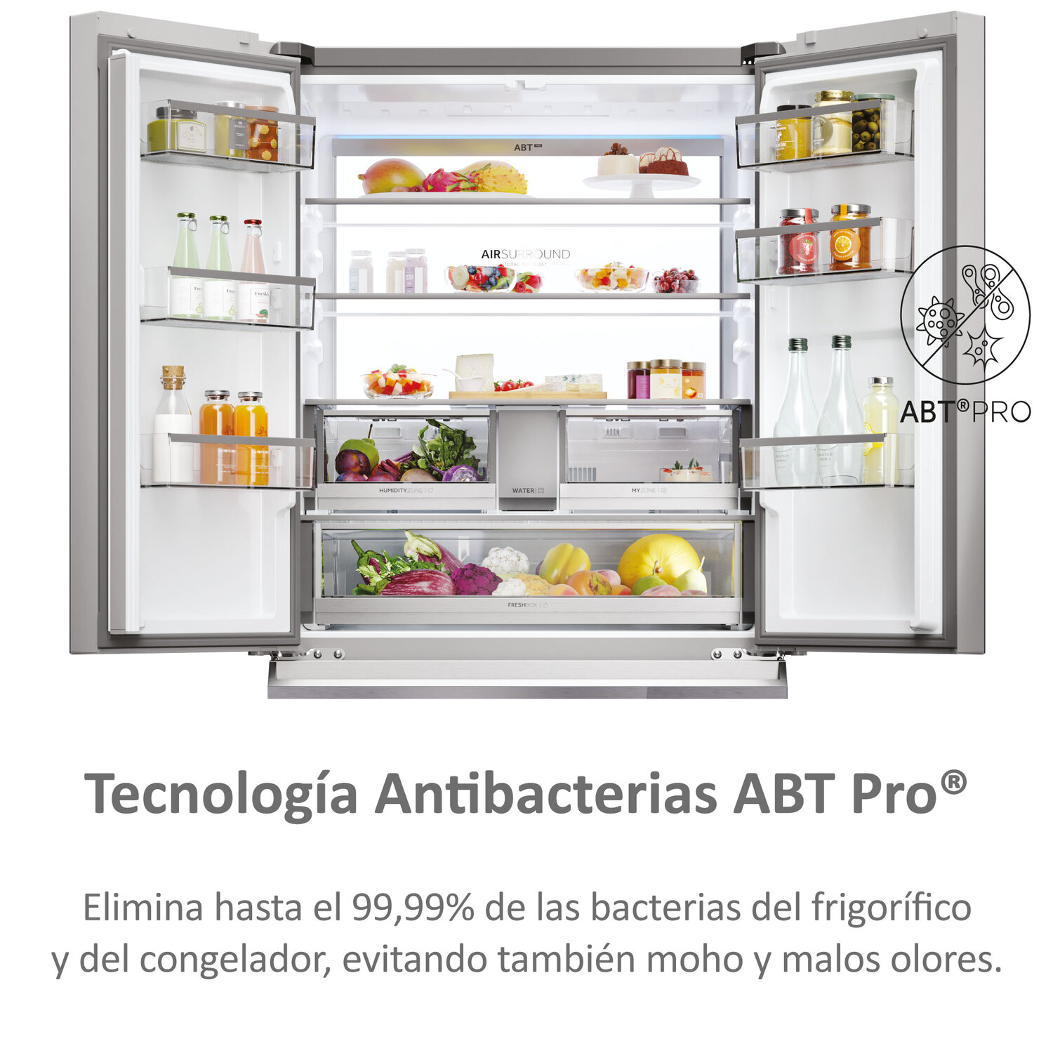 Refrigerador abierto con alimentos. Estantes de vidrio. Acabado en acero inoxidable.