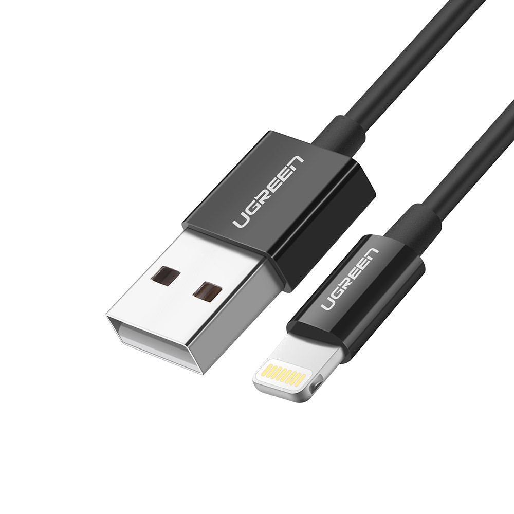 Beyaz arka plan üzerinde siyah ve gümüş UGREEN USB - lightning kablosu.
