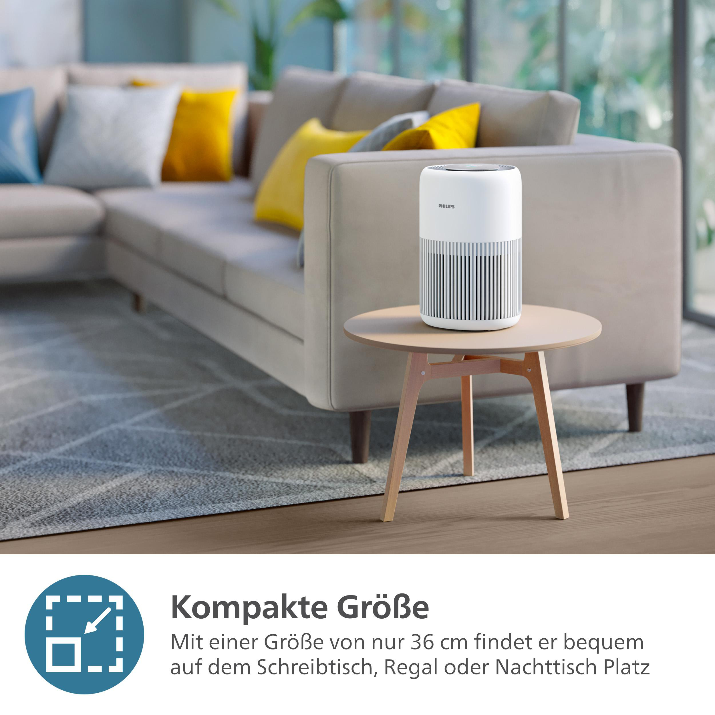 Ein weißer Luftreiniger auf einem Beistelltisch. Im Hintergrund ist eine Couch. Text: Kompakte Größe.
