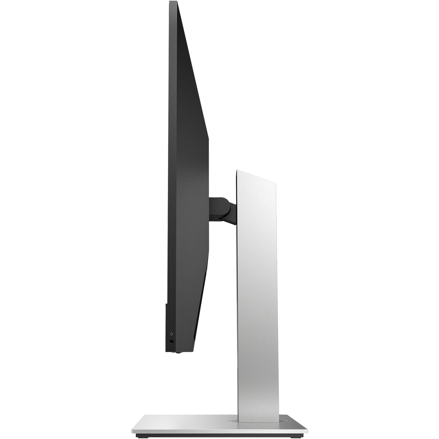 Side view of a computer monitor. The screen is black, the stand is silver, and the bezel is black.