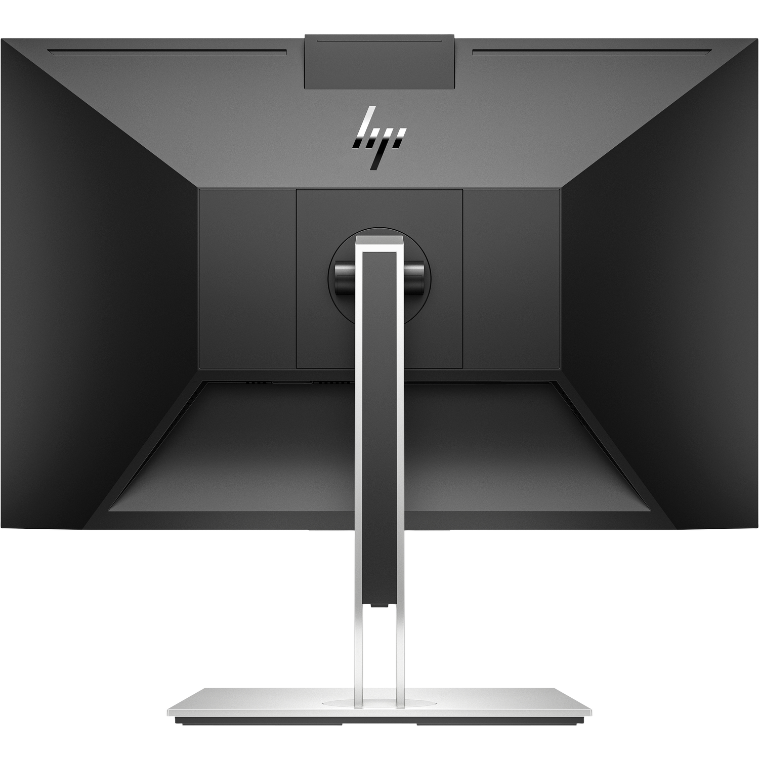 Rear view of a black monitor, with stand, and the HP logo. Features a dark gray panel on top.