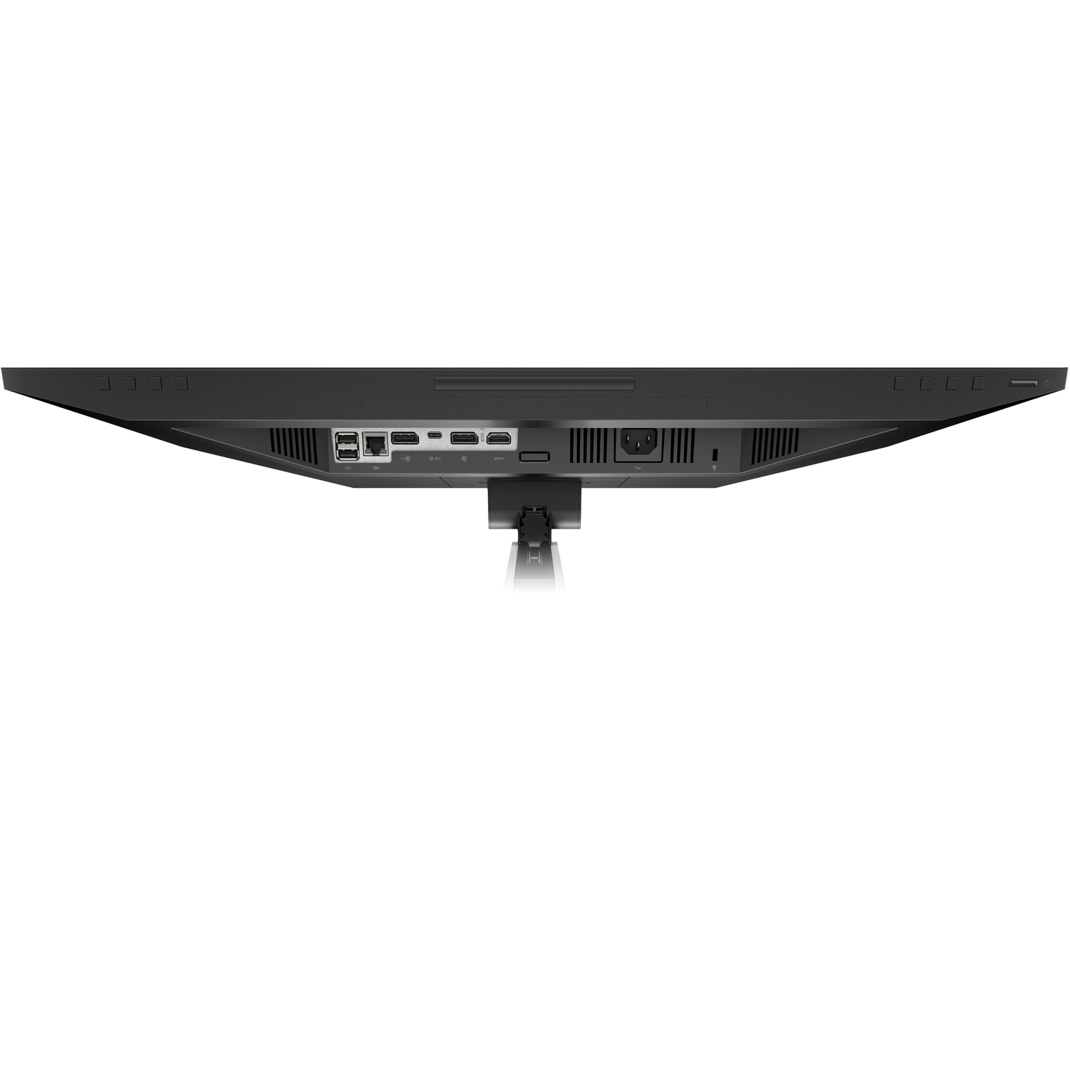 Black computer monitor, bottom view, ports and stand.