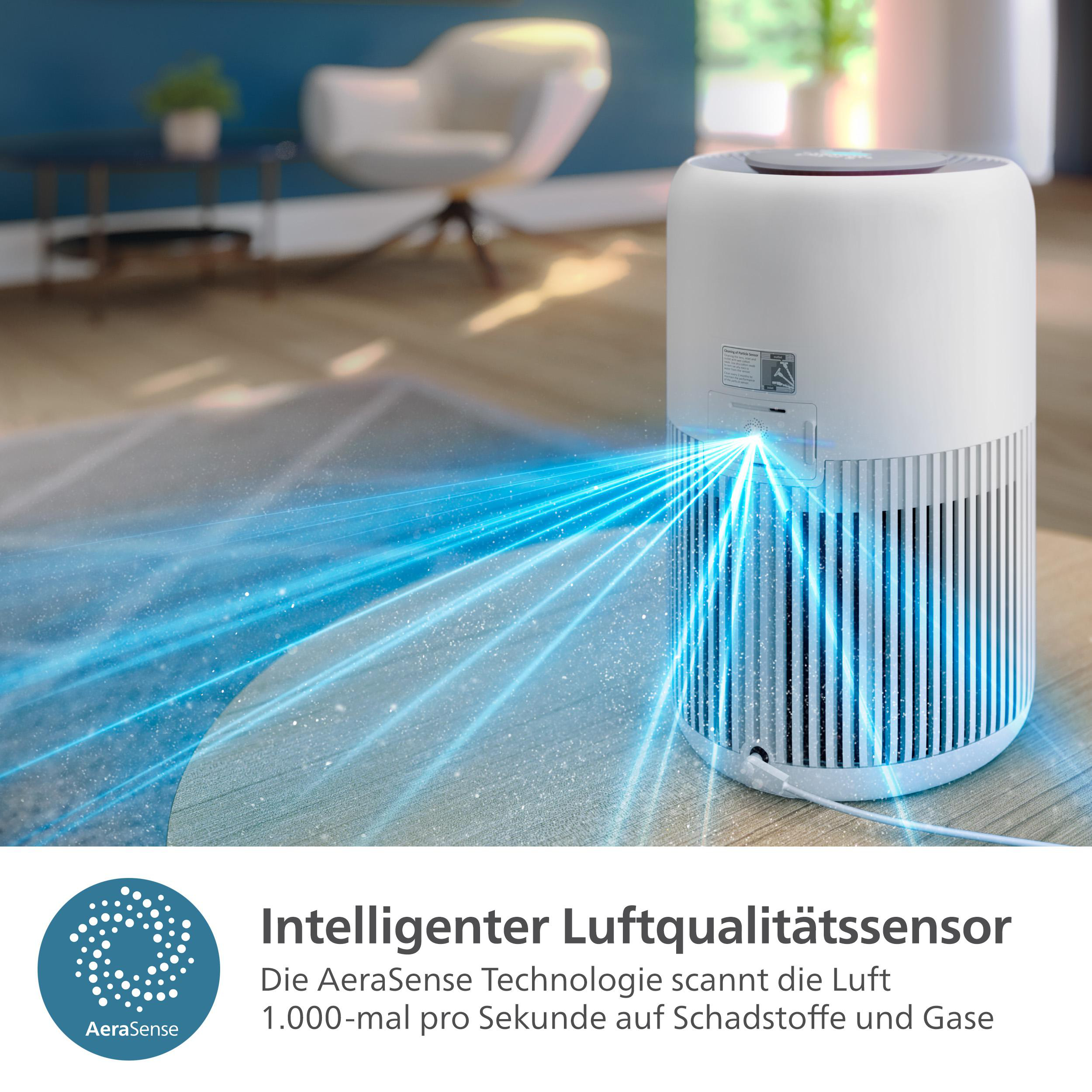 Luftreiniger mit blauen Lichtstrahlen, auf hellem Teppich.