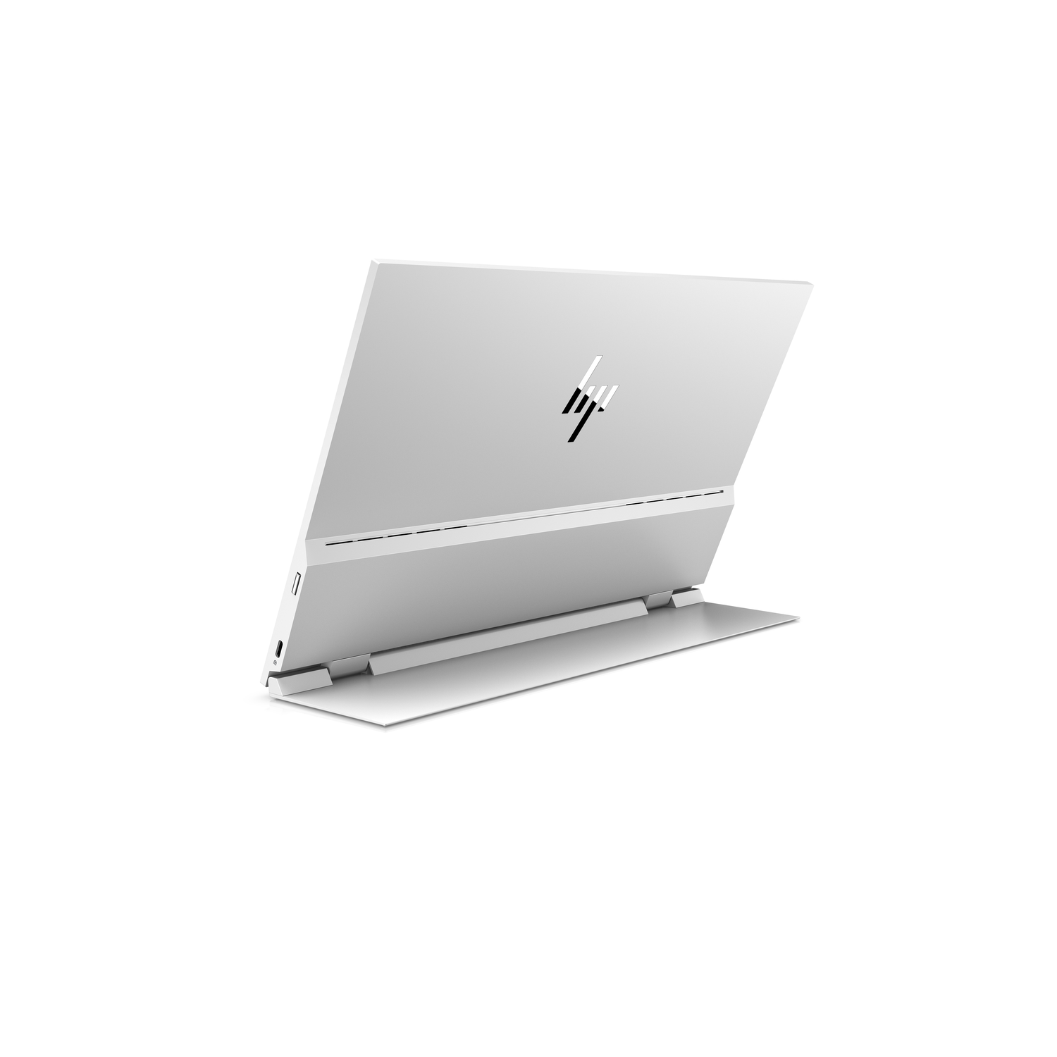 White HP laptop, back view, slightly open. HP logo visible. White background.