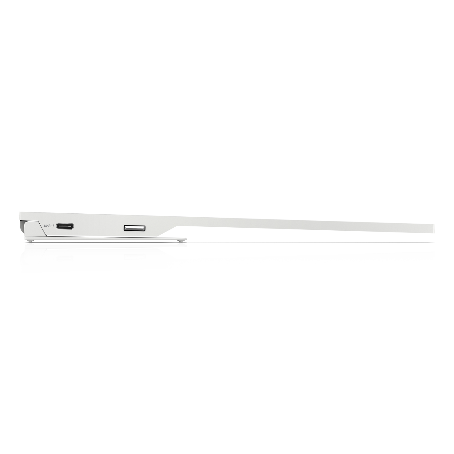 Side view of a white device with ports. It has a USB-C and a USB port.