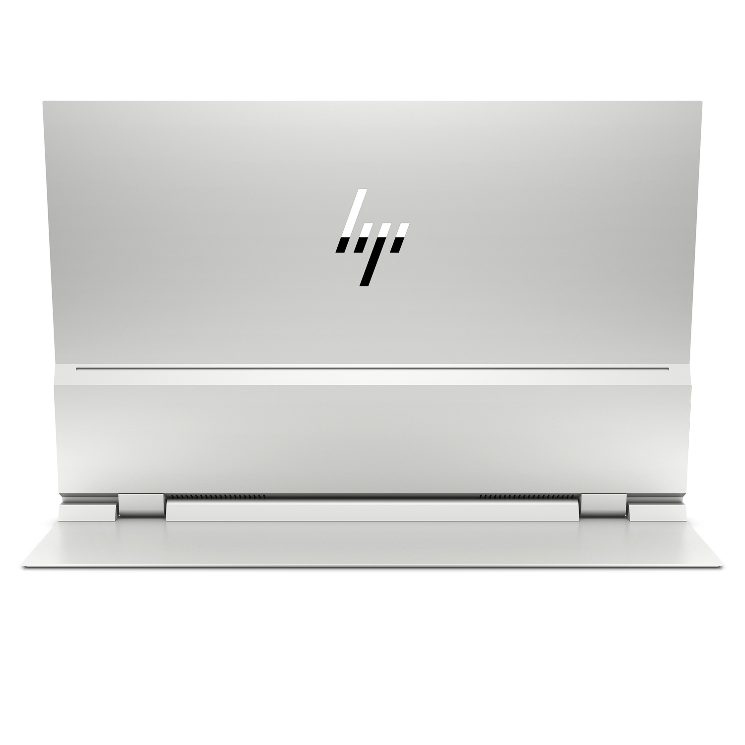 Back view of a white laptop with the HP logo on a white background.