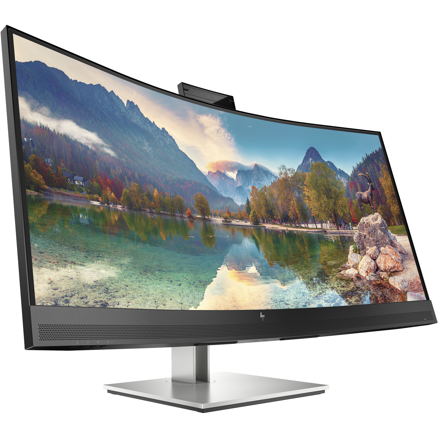 Gebogen monitor met landschap. Zwart frame en zilveren standaard. Webcam bovenop.