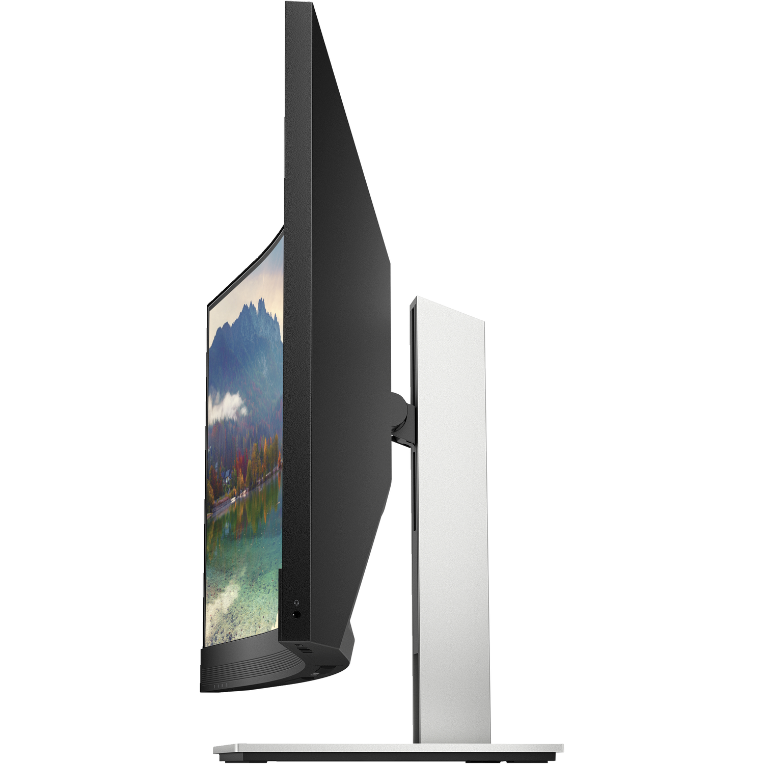 Zijaanzicht van een gebogen monitor met zwart scherm en witte standaard.