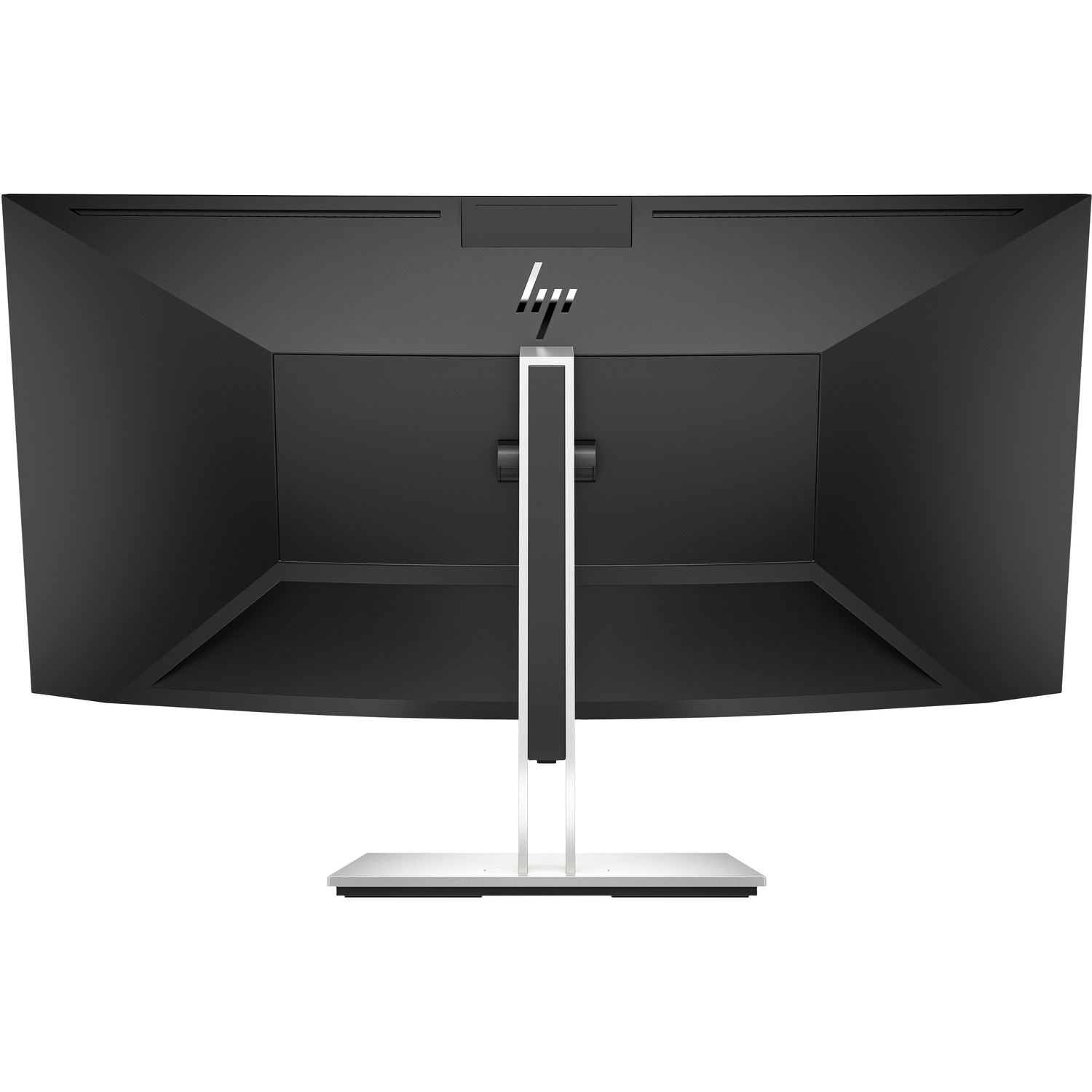 De achterkant van een zwarte HP-monitor met een zilveren standaard.