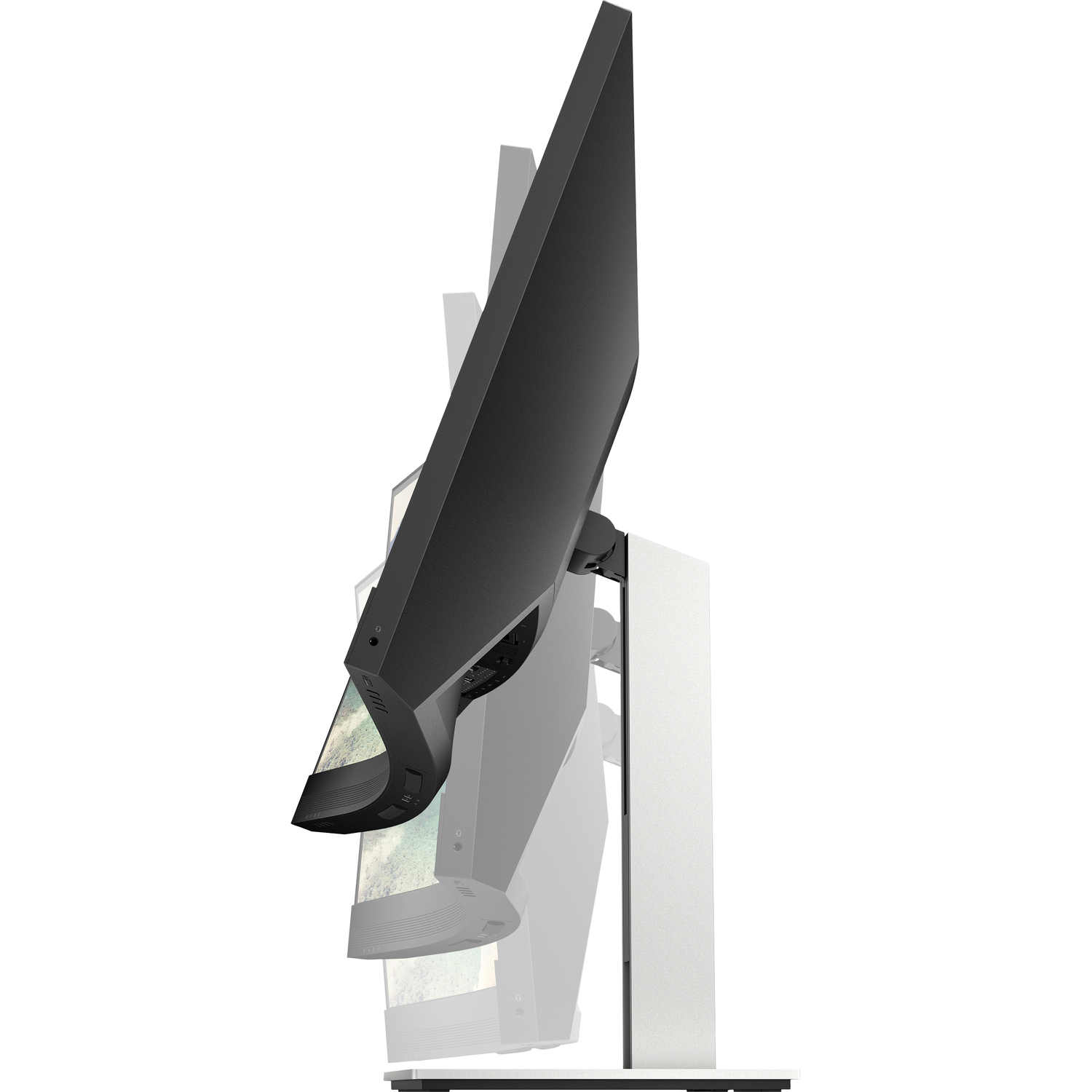 Een zwarte computermonitor, gekanteld, op een standaard. De achterkant is zichtbaar.