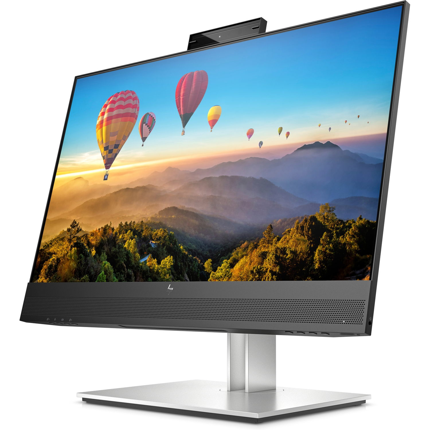 Curved HP monitor showing a landscape with hot air balloons. White stand, white background.