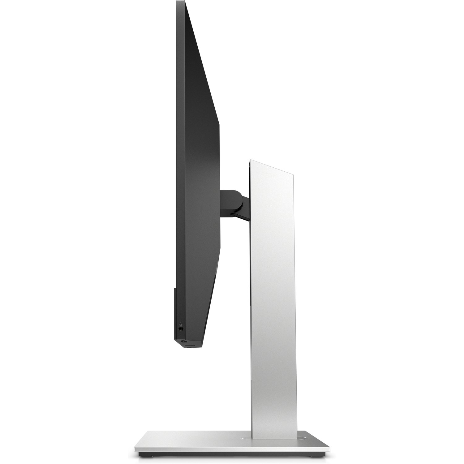 Side view of a monitor with a black screen and a silver stand, on a white background.