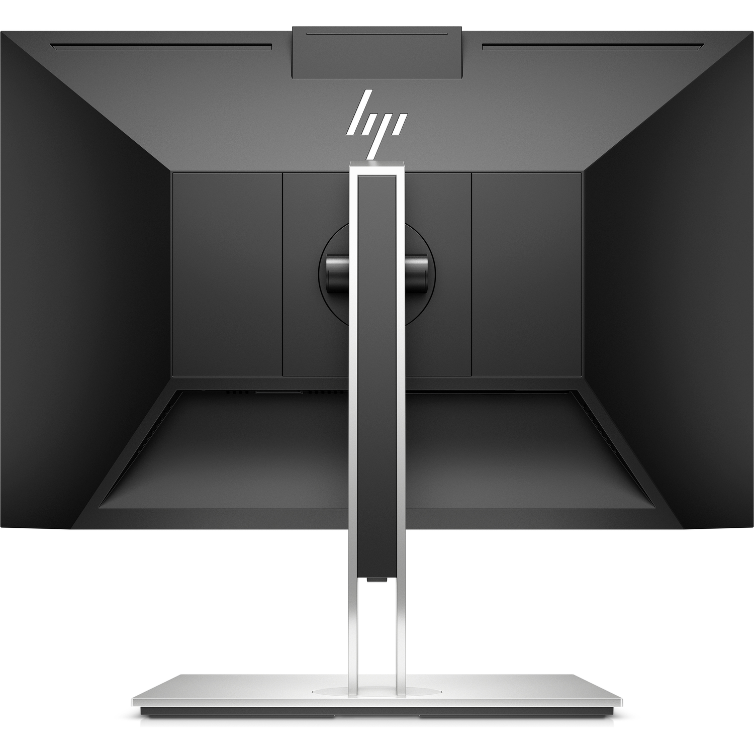 Black and silver monitor back. Stand with a silver base. The back is black with a white logo.
