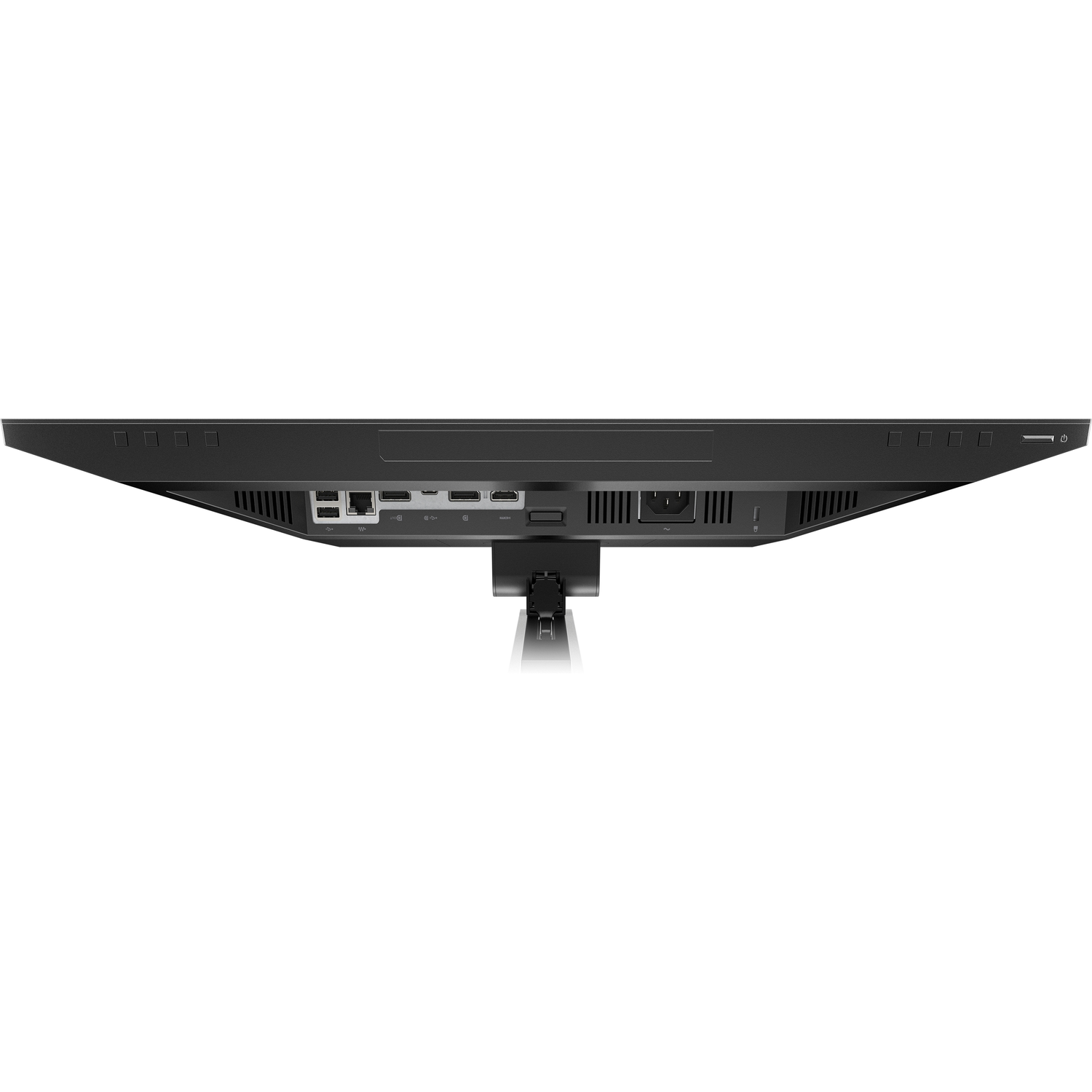 Black computer monitor, top view. Ports, power input, and stand mount visible.