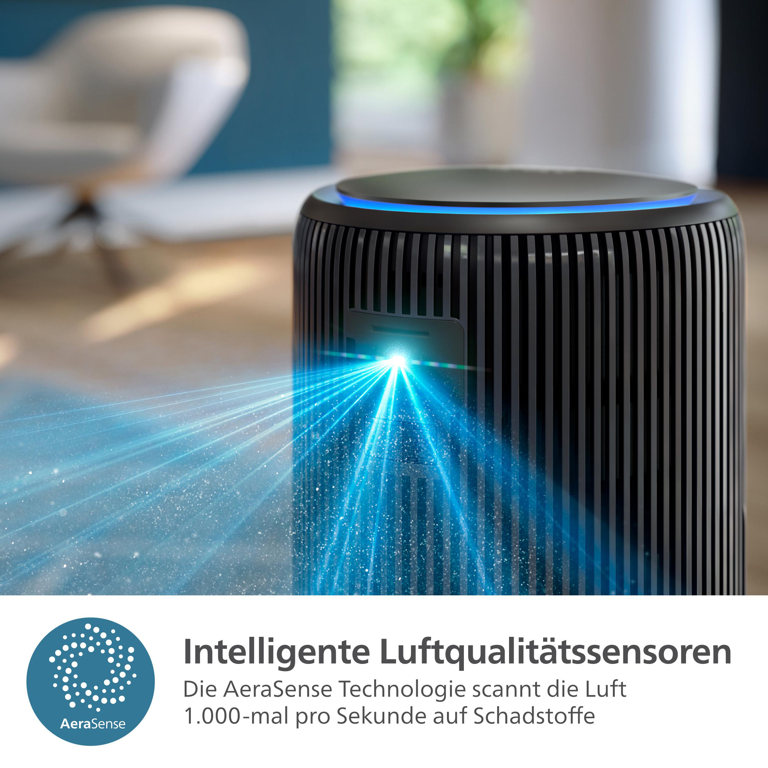 Hände einer Person, die ein Smartphone mit der Philips Air+ App halten.