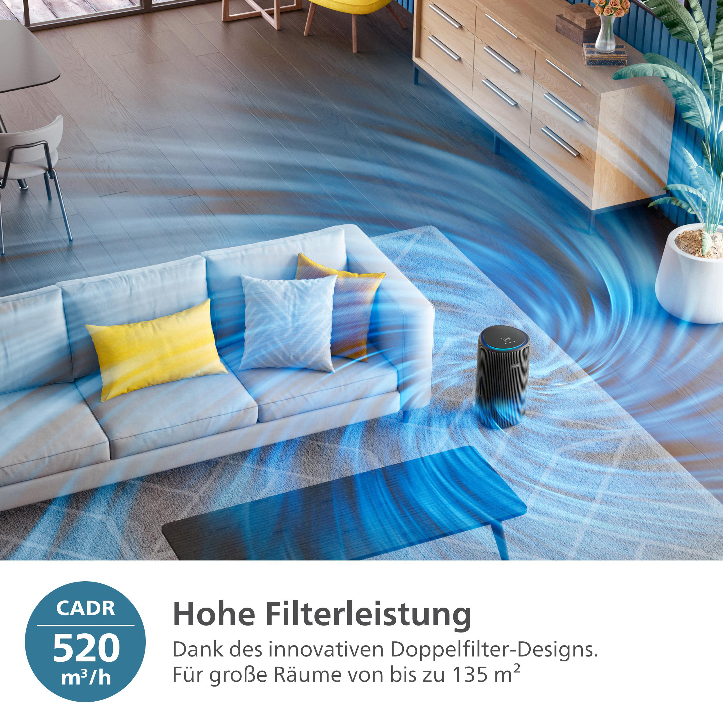 Luftreiniger mit blauen Luftströmen in einem Wohnzimmer.