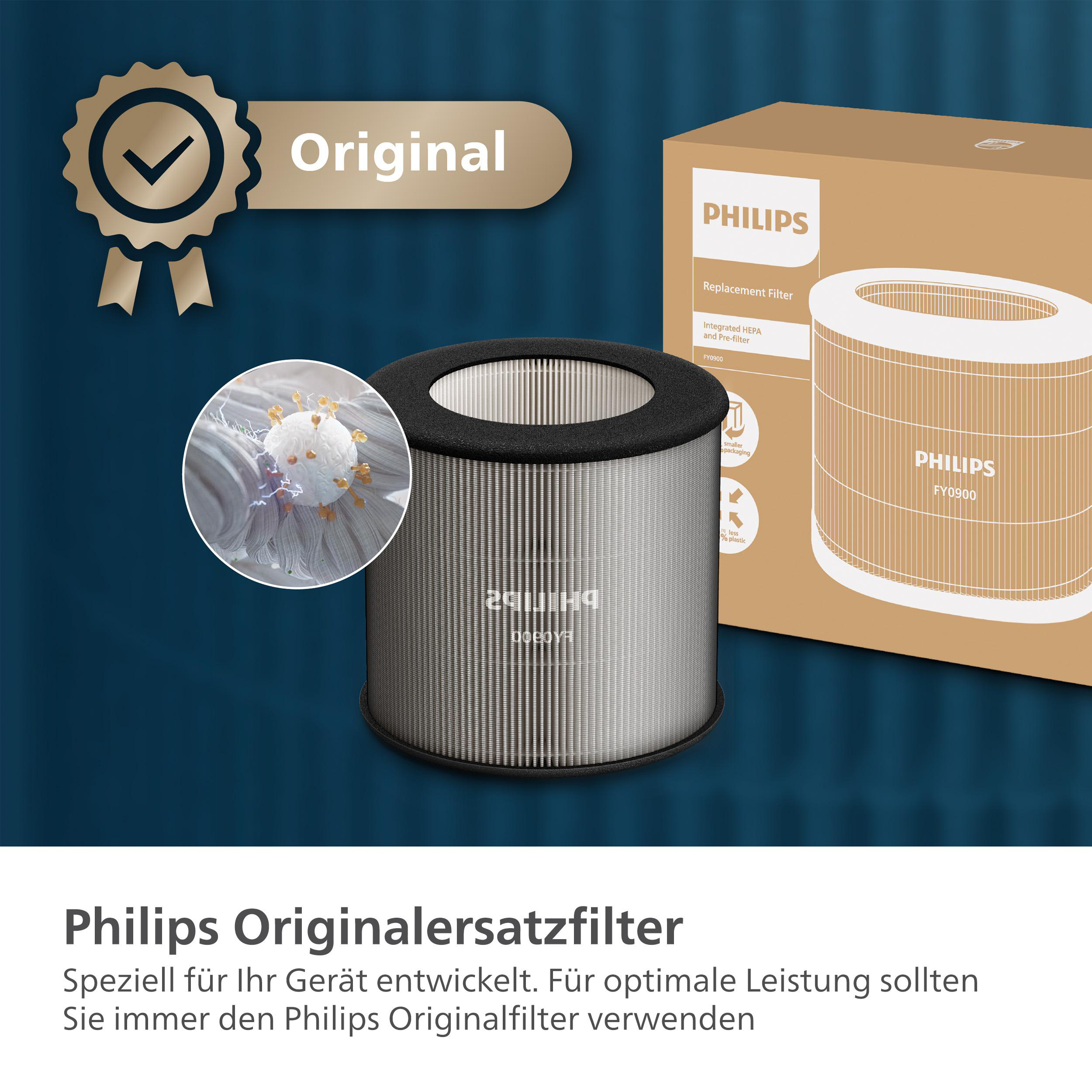 Philips Filter und Verpackung. Filter ist zylindrisch und weiß. Verpackung zeigt Marke und Filterdetails.