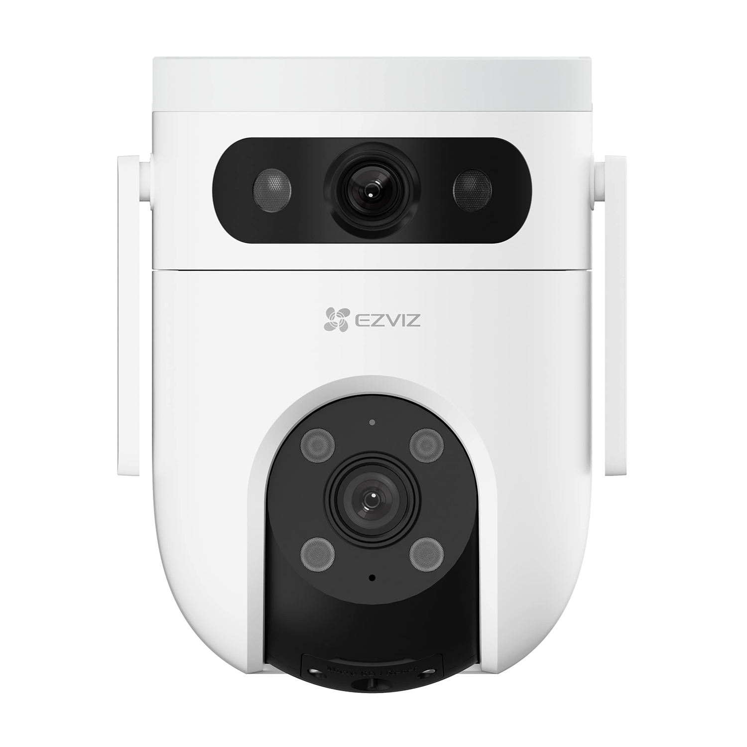 Telecamera di sicurezza bianca con più lenti. Ha una parte superiore cilindrica e un fondo arrotondato, e il logo EZVIZ.