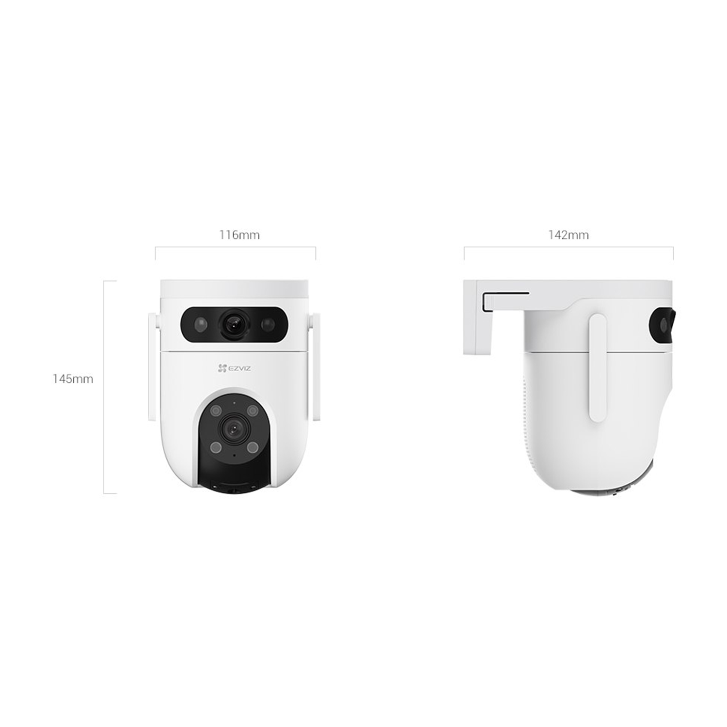 Due telecamere di sicurezza bianche. Vista frontale sinistra e vista laterale destra, con dimensioni.