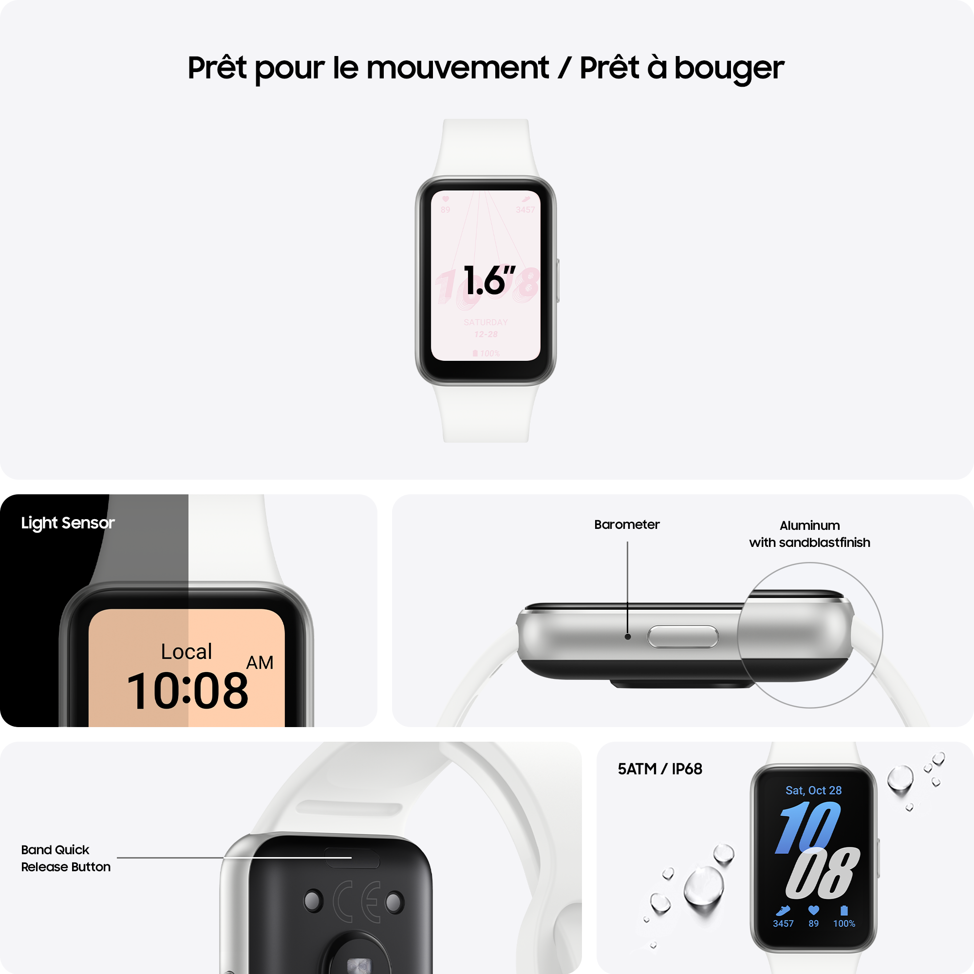 Une montre intelligente blanche et noire affichant l'heure et la date.