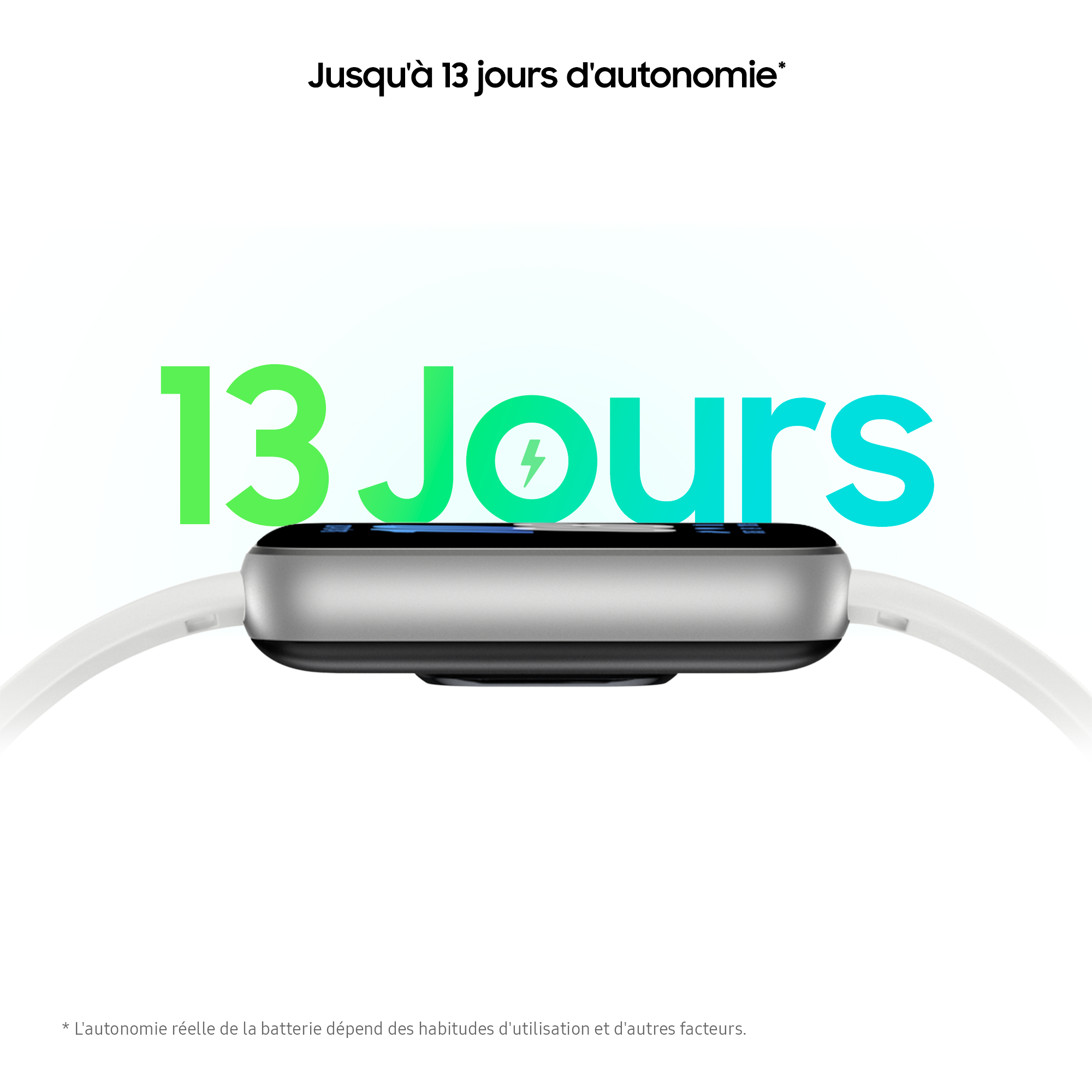 Smartwatch avec bracelet blanc. L'écran affiche un éclair et le chiffre 13 en vert/bleu.