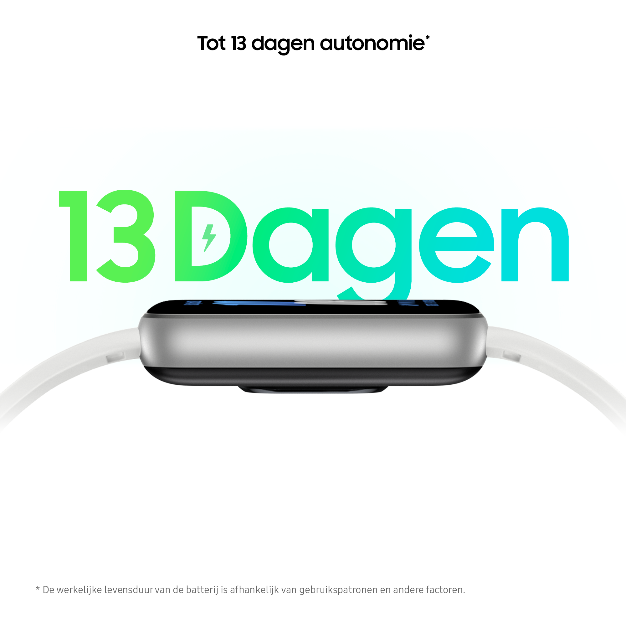 Close-up van smartwatch met witte band, toont 13 dagen batterijduur.
