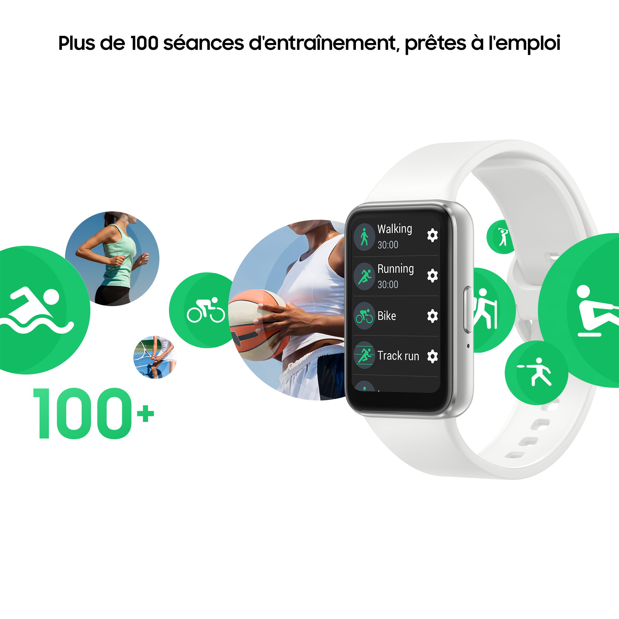 Une interface de montre intelligente montrant diverses options d'entraînement et des icônes.