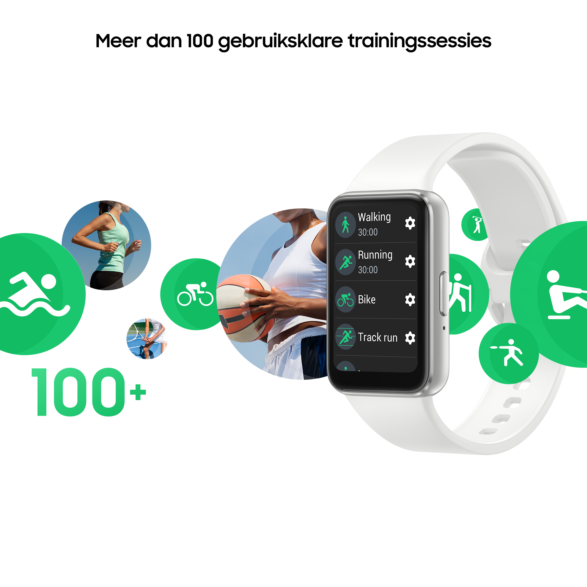Een smartwatch met verschillende activiteitspictogrammen en een vrouw die op de achtergrond rent.