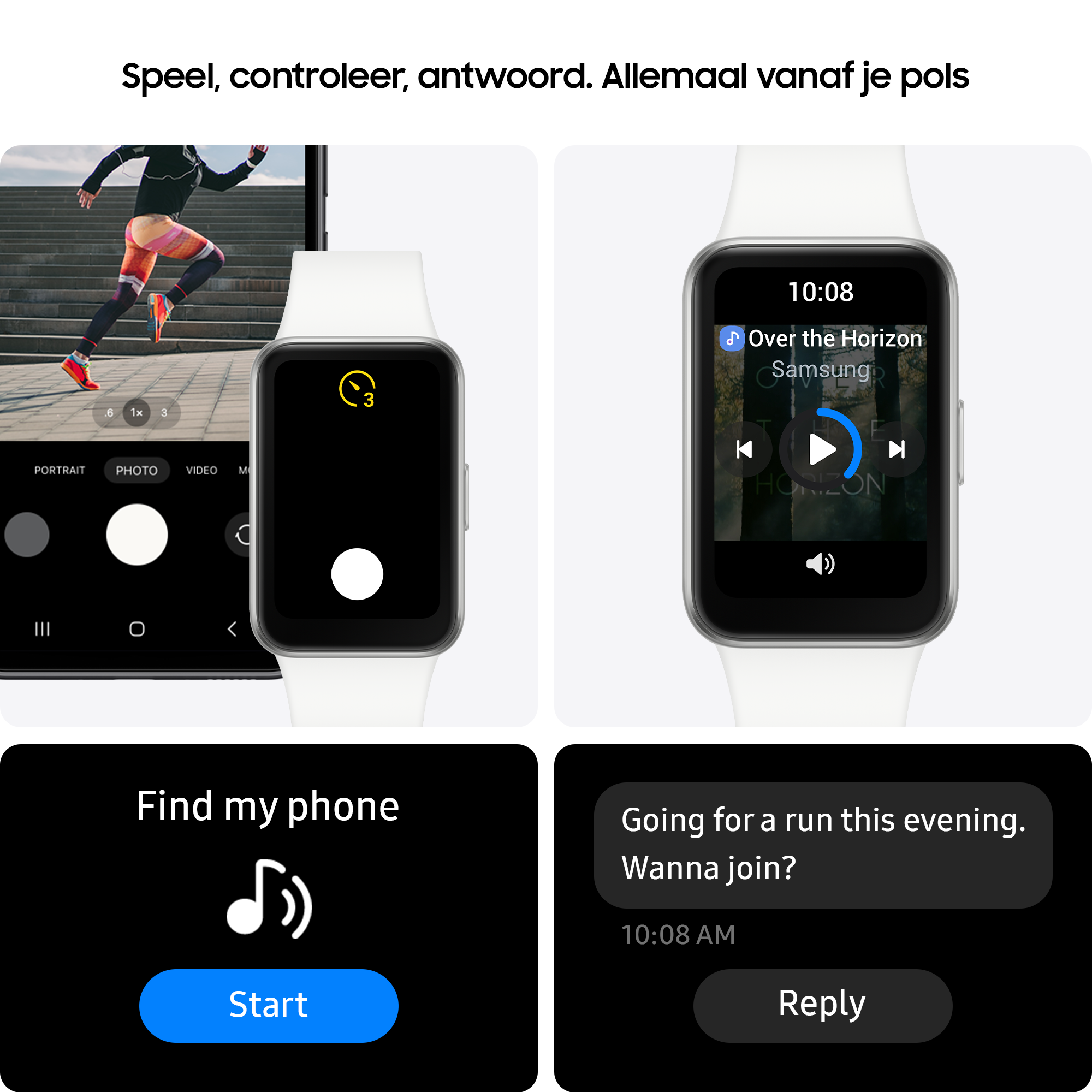 Samsung horloge met bedieningsopties voor muziek en camera. Verschillende apps op het horloge.