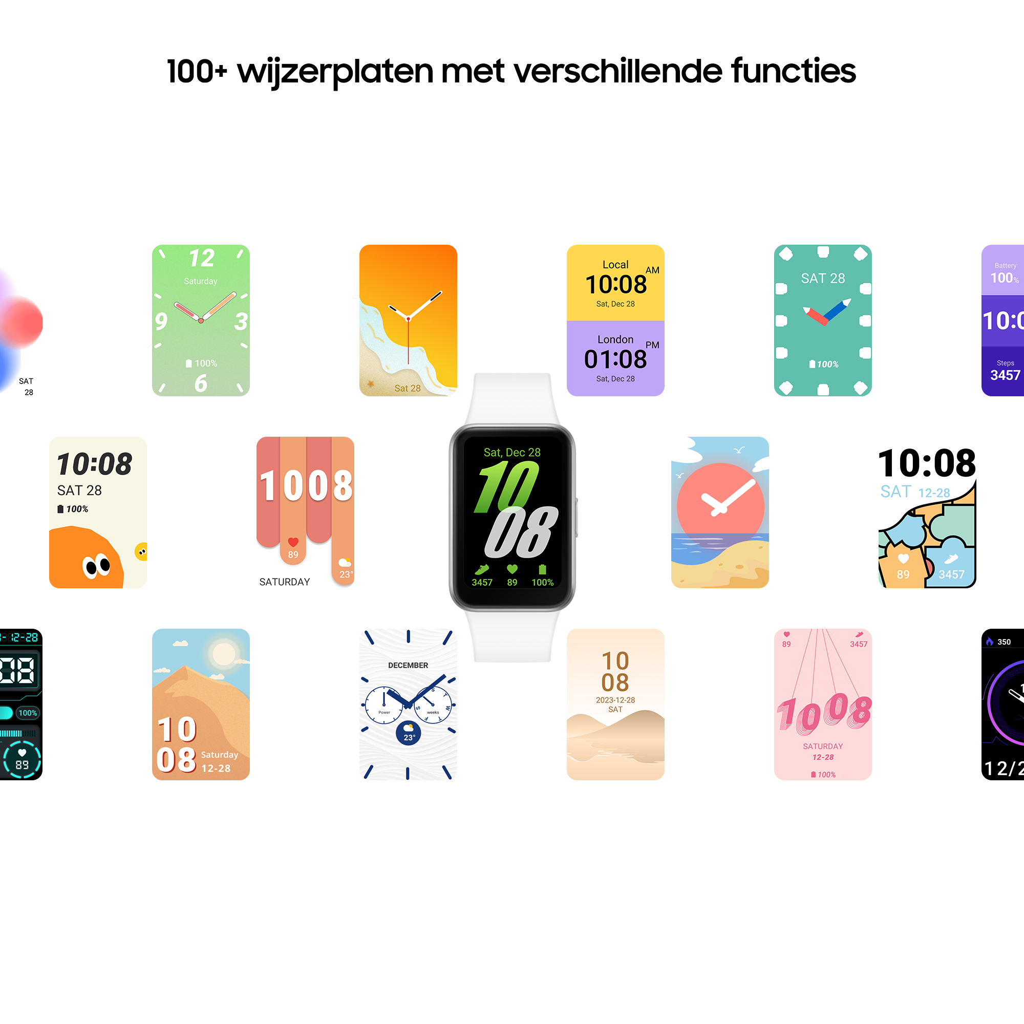 Verschillende smartwatch-wijzerplaten. Ze tonen verschillende tijden, data en ontwerpen.