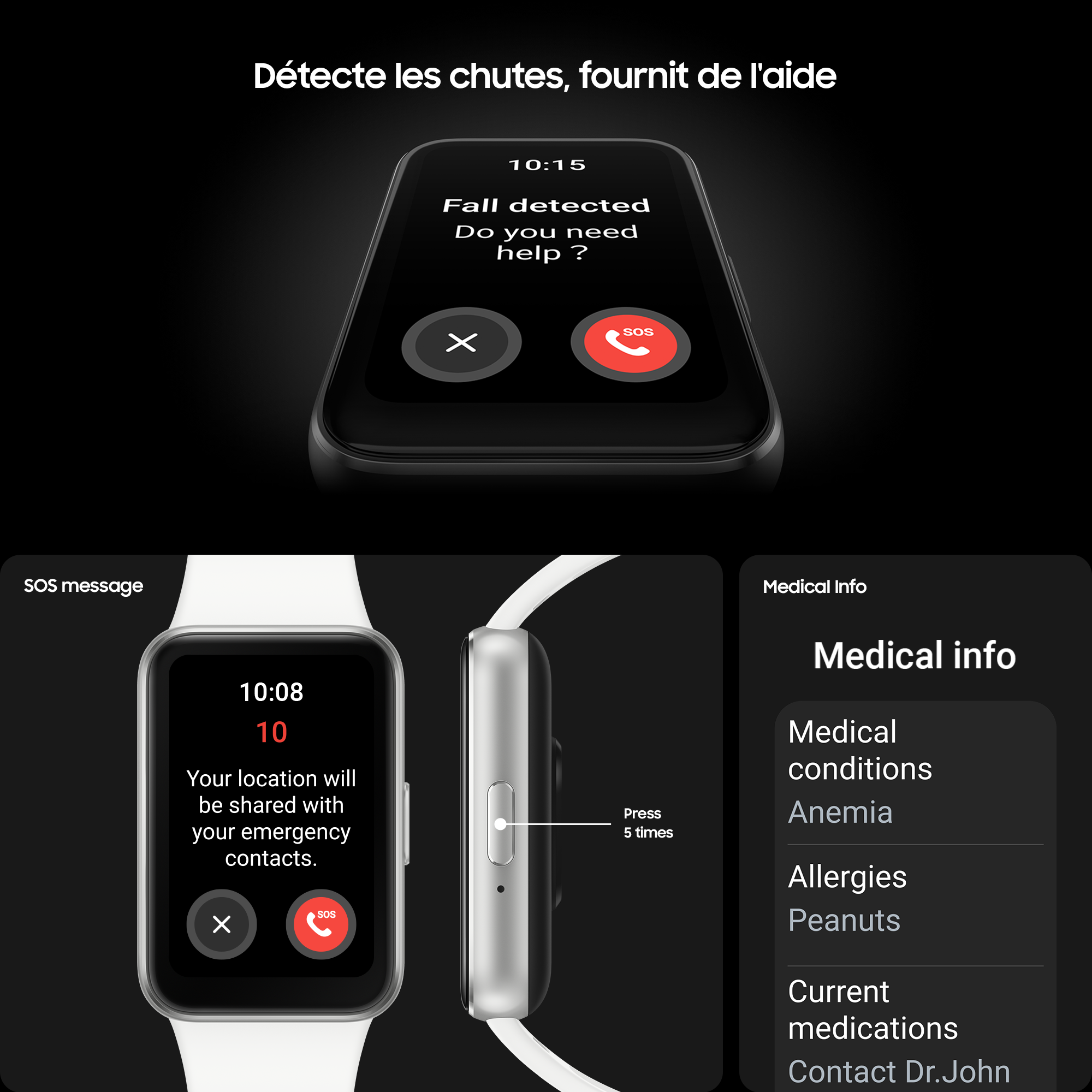 Smartwatch affiche alerte de détection de chute et infos médicales. Bouton SOS, anémie et allergies inclus.